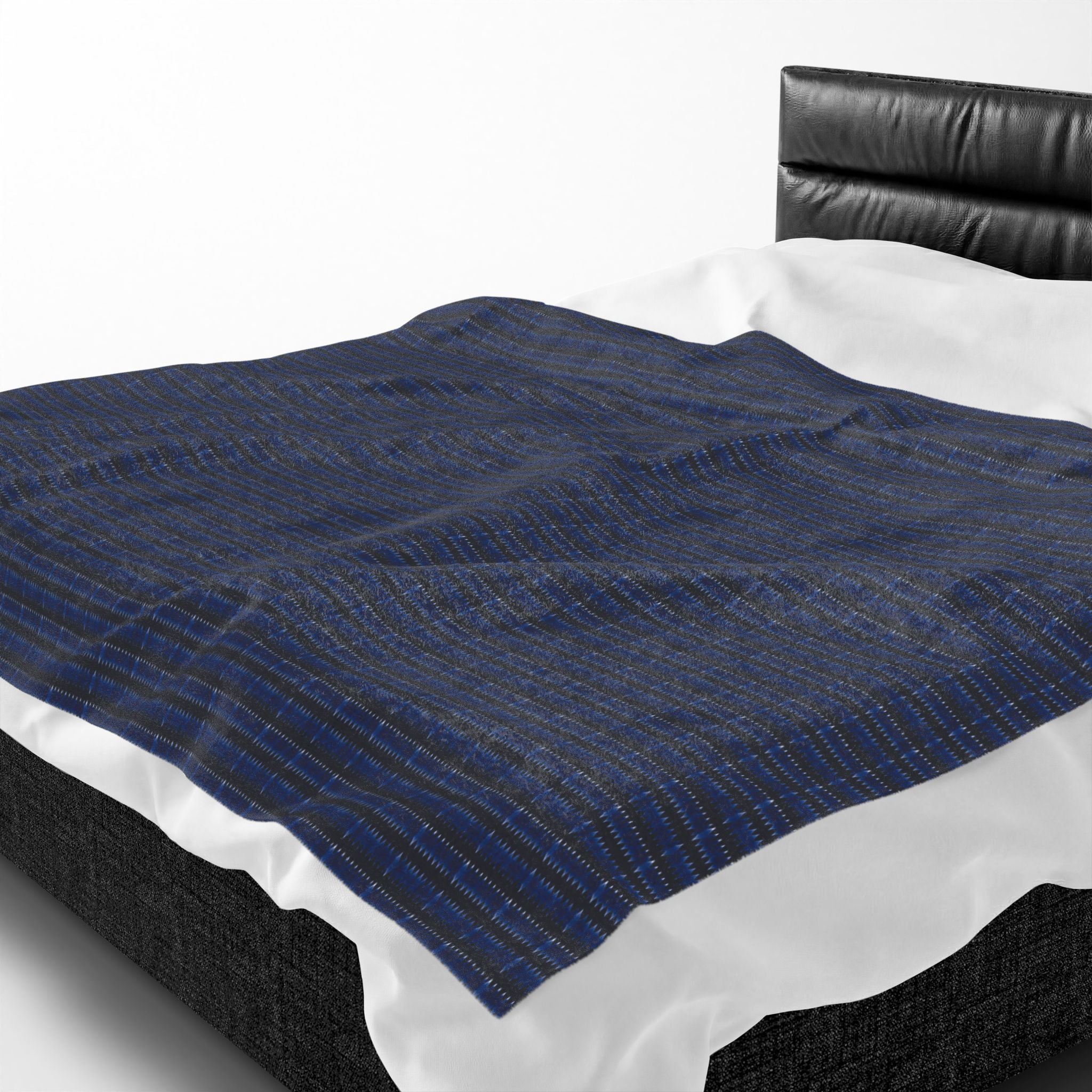 "Mississippi Midnight" Plush Blanket — Navy Blue and Black Textile Pattern Windowpane Plaid Velveteen Throw
