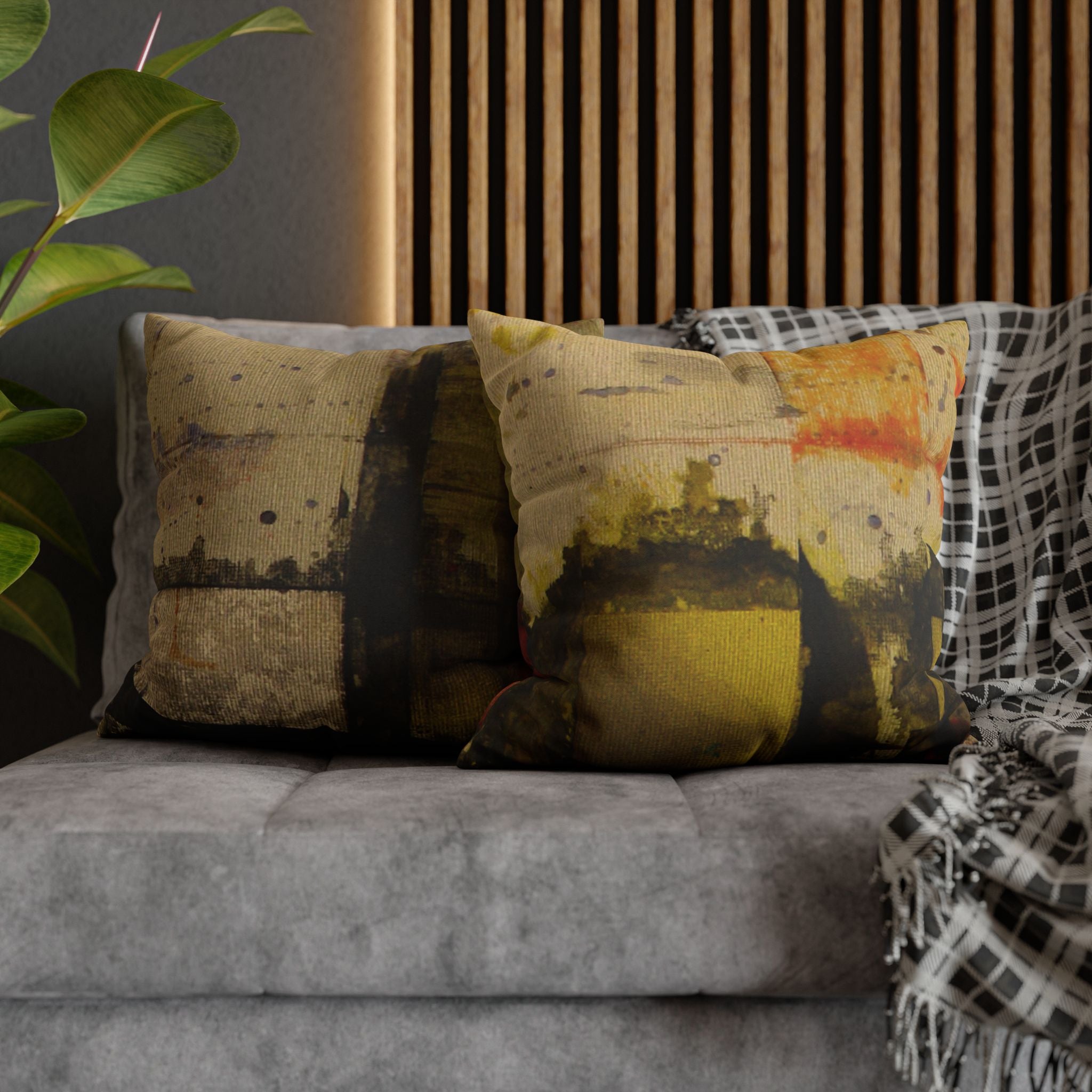 "Dance in the Rain" Abstract Yellow and Rust Painted Textile, Decorative Pillowcase — Modern Rustic Accent Cushion Cover