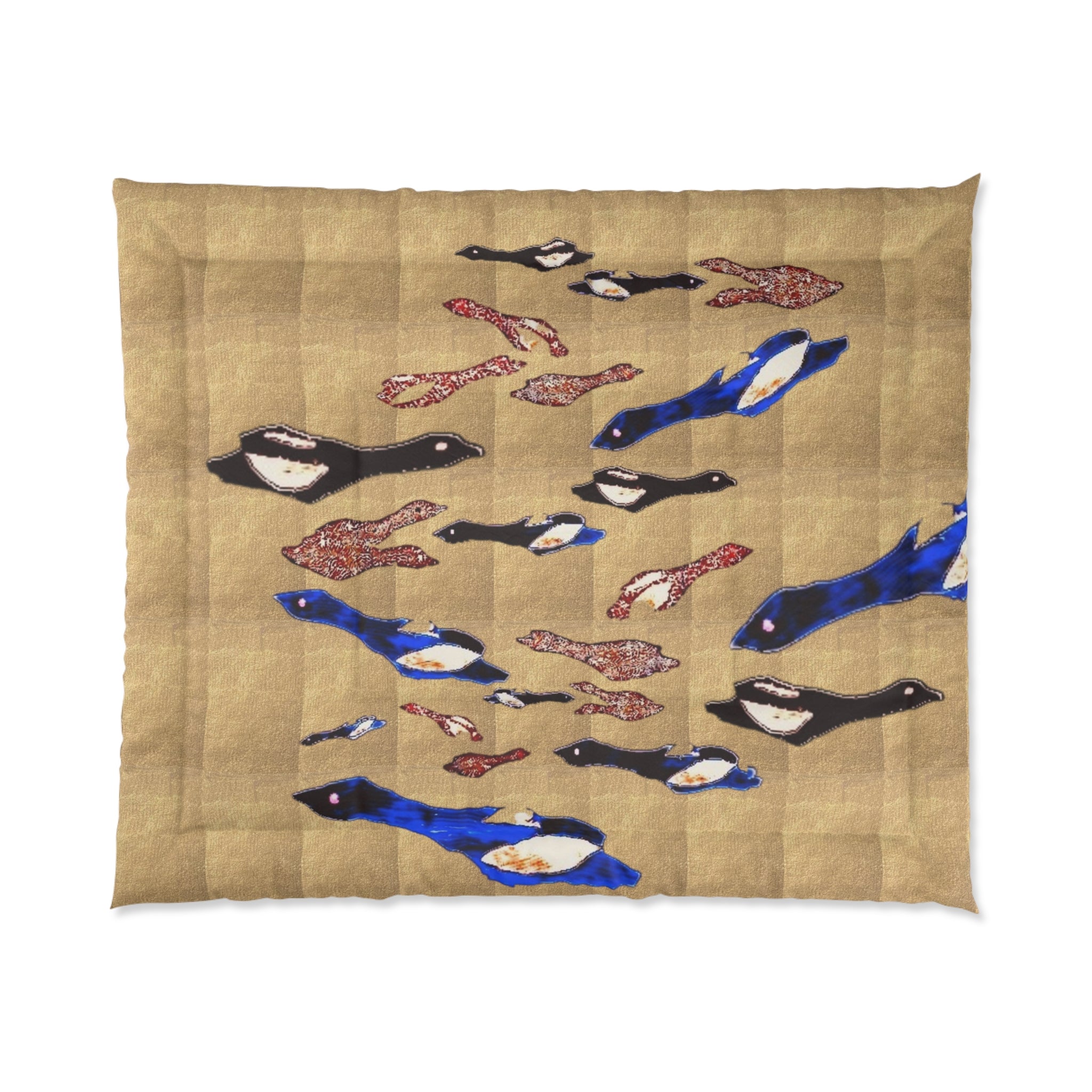"Fly Me to the Moon" Bird Comforter – Beige Asian-Inspired Bedspread with Blue & Red Carp Pattern