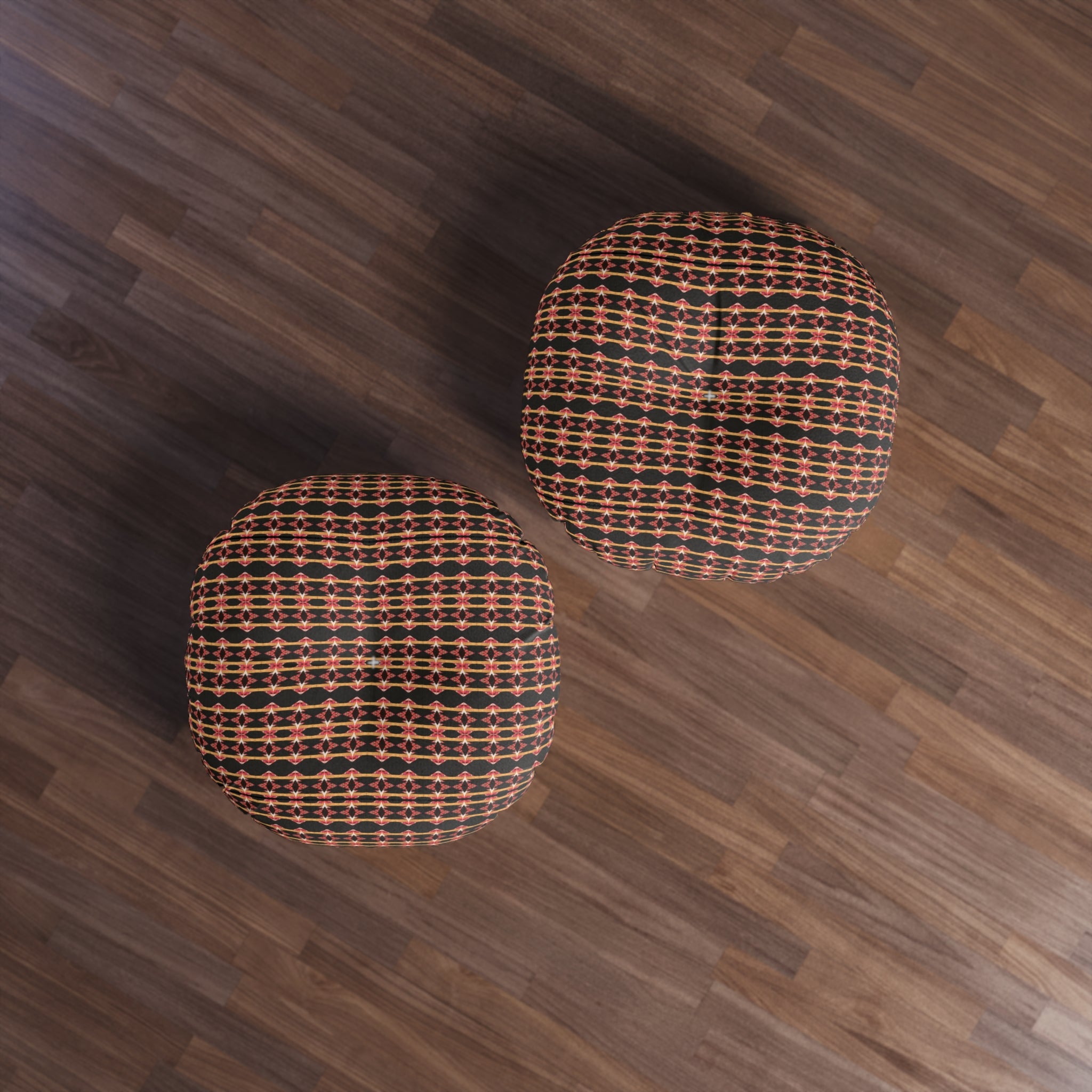 "Native America Now" Round Tufted Floor Pillow — Boho Retro Geometric Pattern