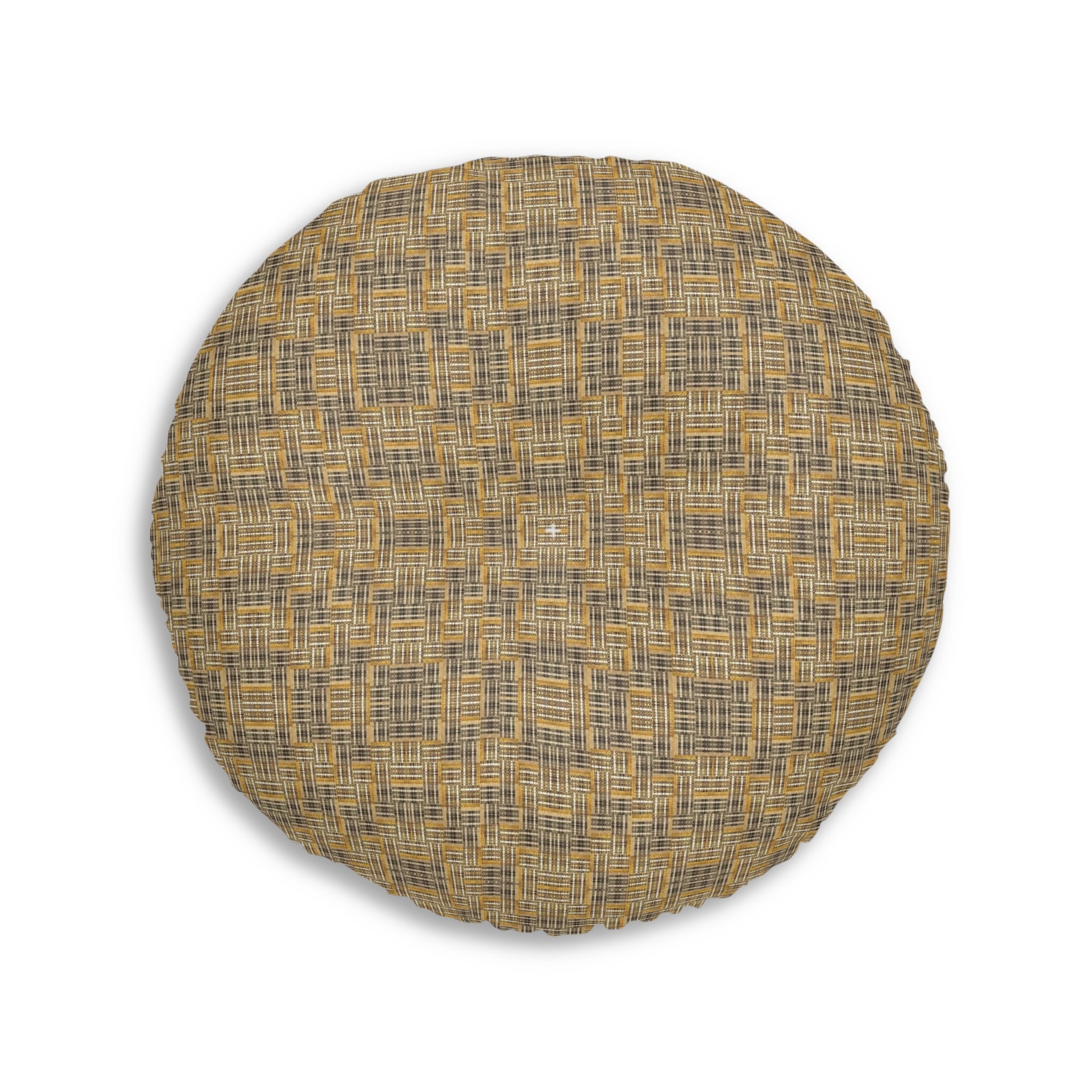 “All Things Fall Apart” Round Tufted Floor Pillow Rustic Plaid Yellow & Brown Boho Cushion