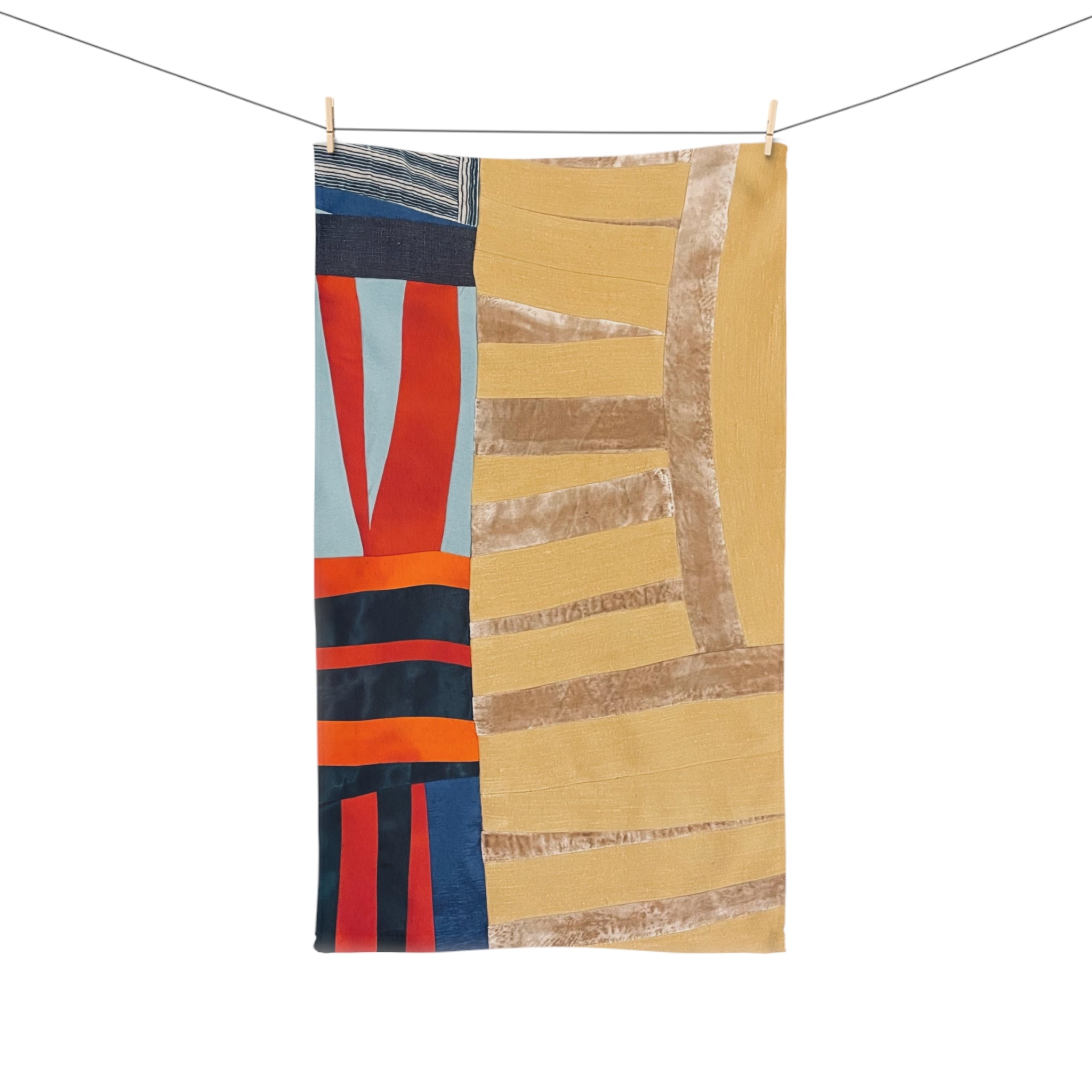 "Hannah and Samuel" Hand Towel — Abstract Geo Patchwork Design, Warm Gold & Navy Decorative Kitchen Towel