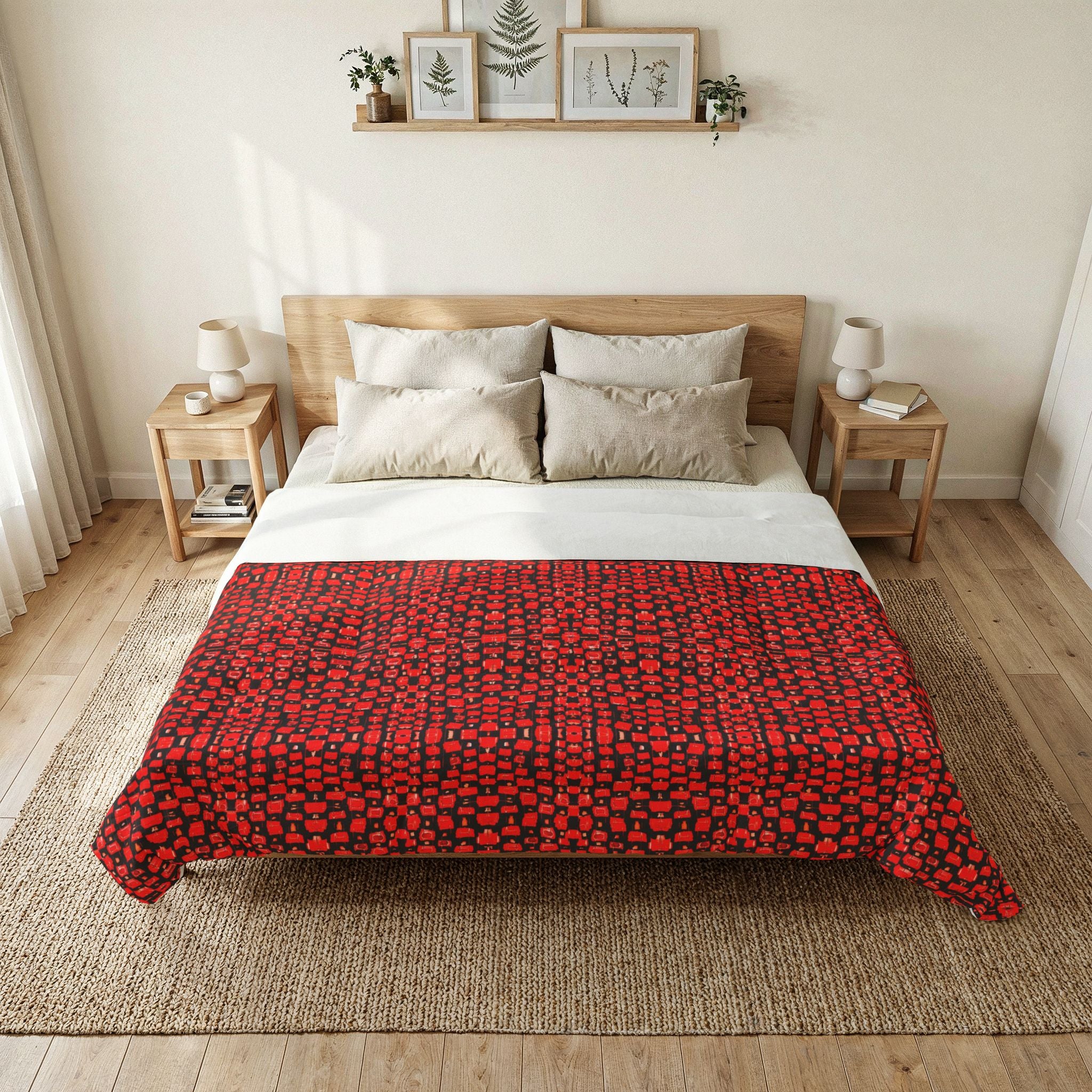 "Japanese Cherry Blossom" Red Dotted Quilt Coverlet — Cozy Geometric Cotton Comforter