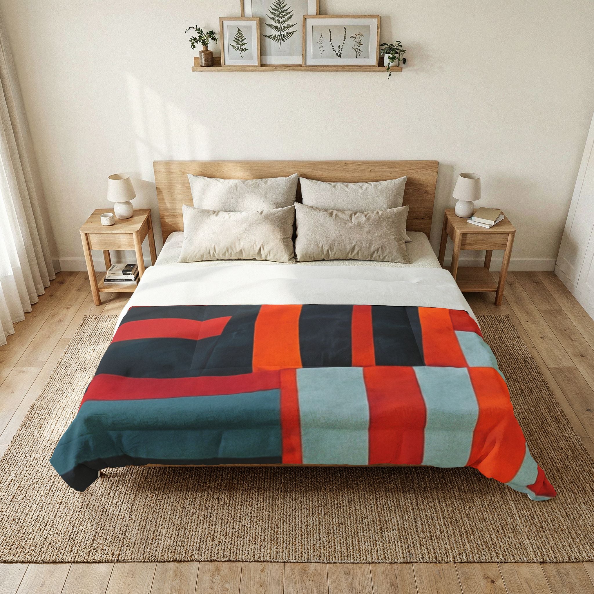 "Samuel" Abstract Geometric Cotton Comforter — Modern Red, Orange & Teal Bedspread