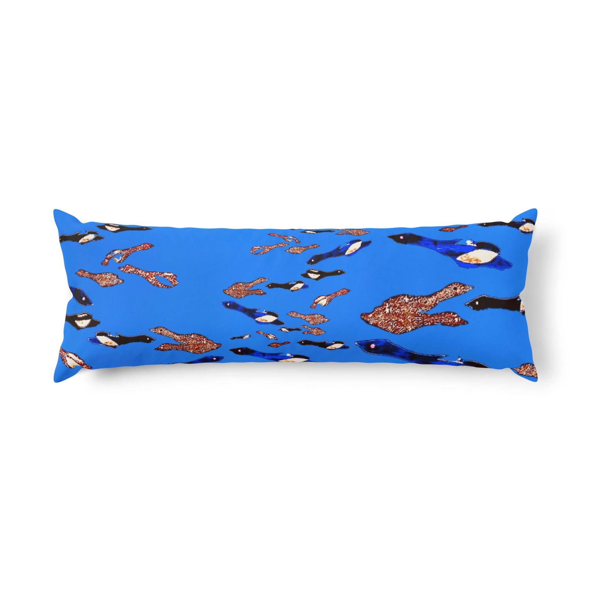 "Fly Me to the Moon" Blue and Brown Birdies Body Pillow — Serene Aquatic Decorative Pillow for Relaxation
