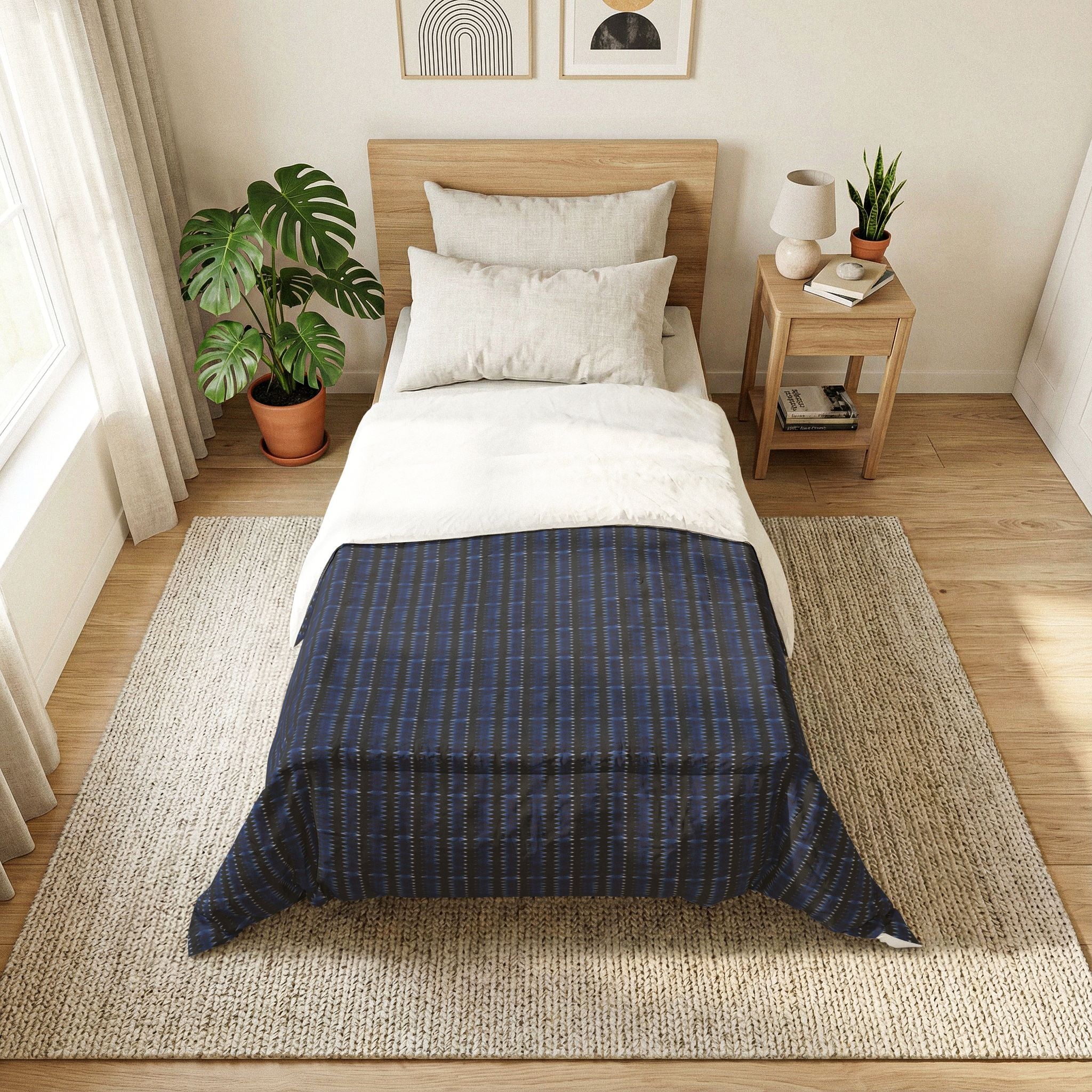 "Mississippi Midnight: Lovely Banjo Blues" Navy Plaid Cotton Comforter - Lightweight Bed Blanket