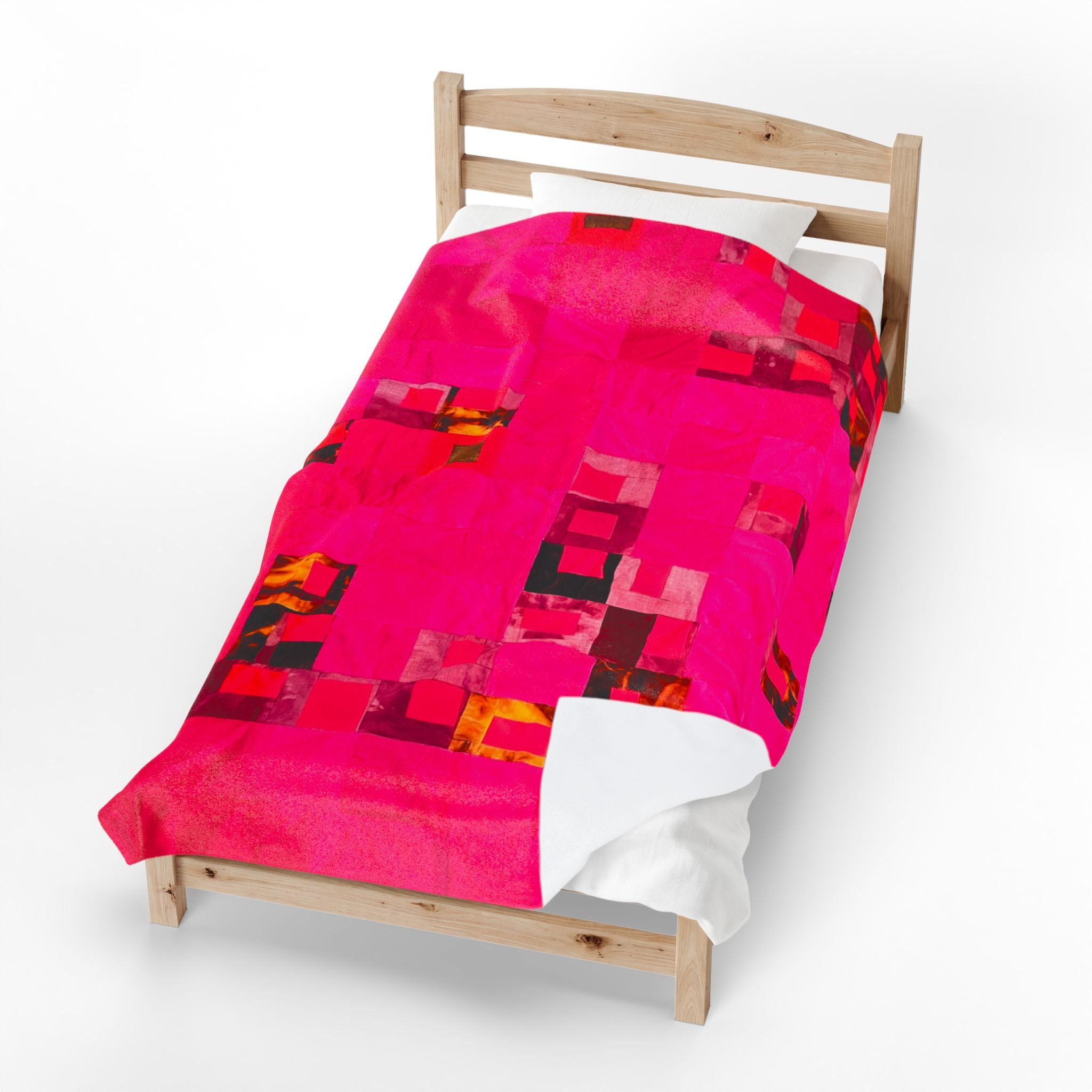 "Lela Lela" Block Quilt Pattern Plush Blanket - Vibrant Pink Abstract Patchwork Velveteen Throw