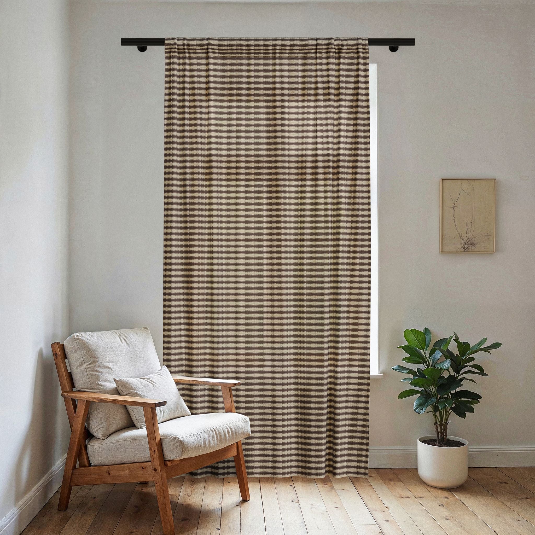 "Mississippi Morning" Sheer Window Curtain — Neutral Taupe Striped Sheer Panel for Living Room & Bedroom