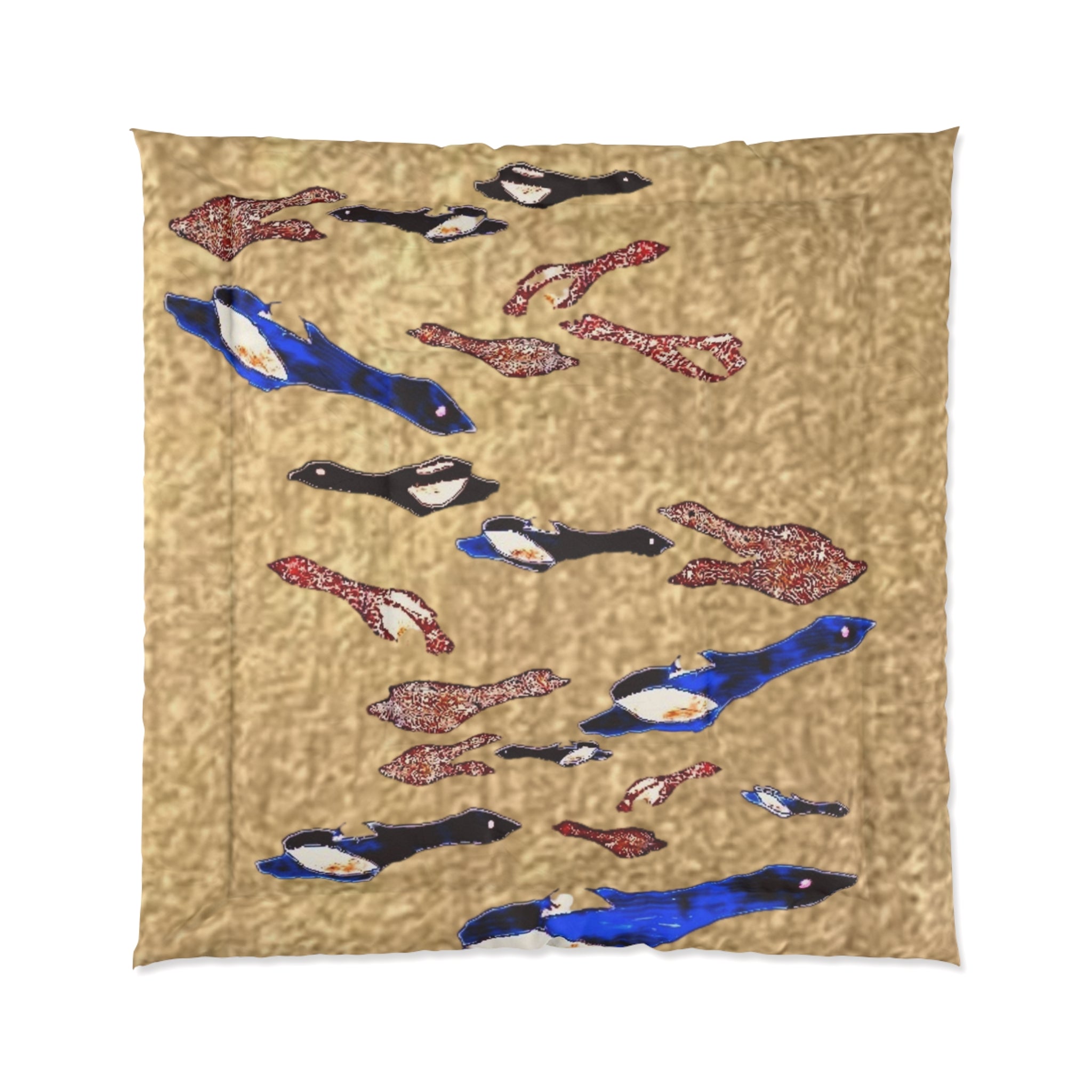 "Fly Me to the Moon" Bird Comforter – Beige Asian-Inspired Bedspread with Blue & Red Carp Pattern