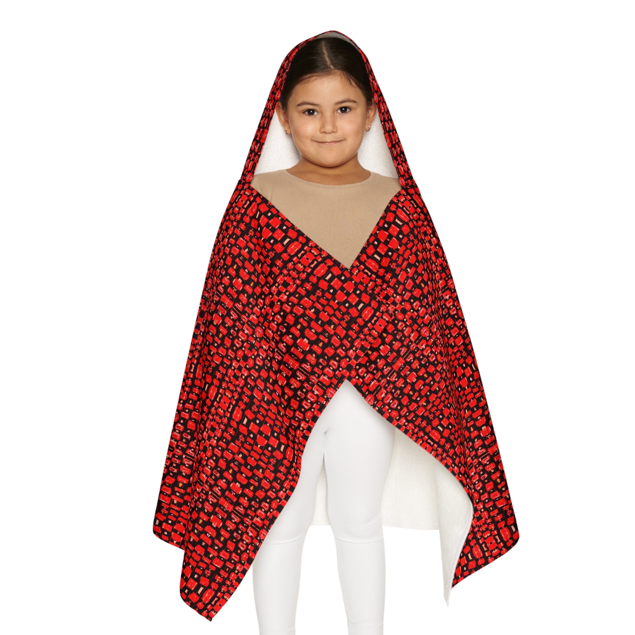 "Japanese Cherry Blossom" Hooded Towel — Red Pebble Pattern Youth Swim & Beach Wrap