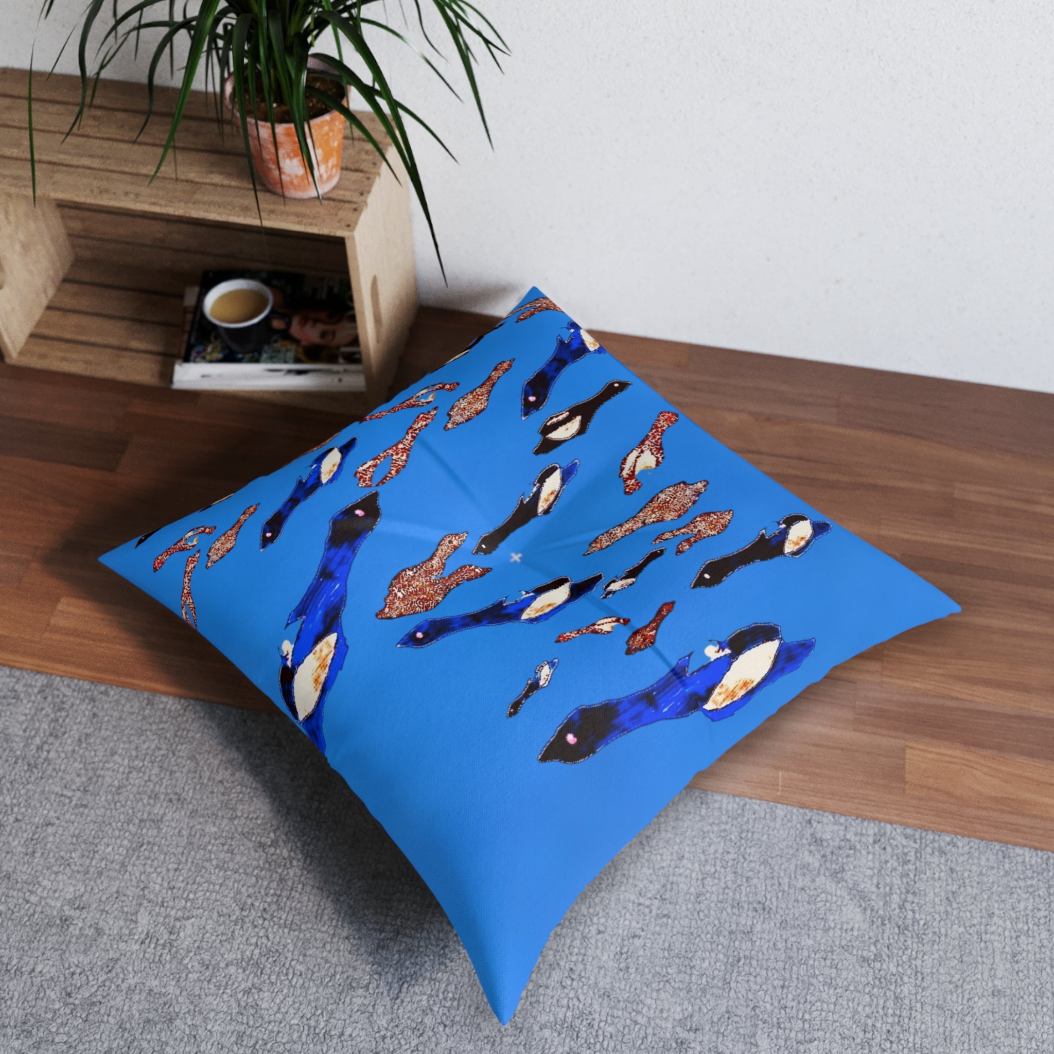 "Fly Me to the Moon" Blue Cerulean Birdies Square Floor Pillow — Tufted Decorative Cushion