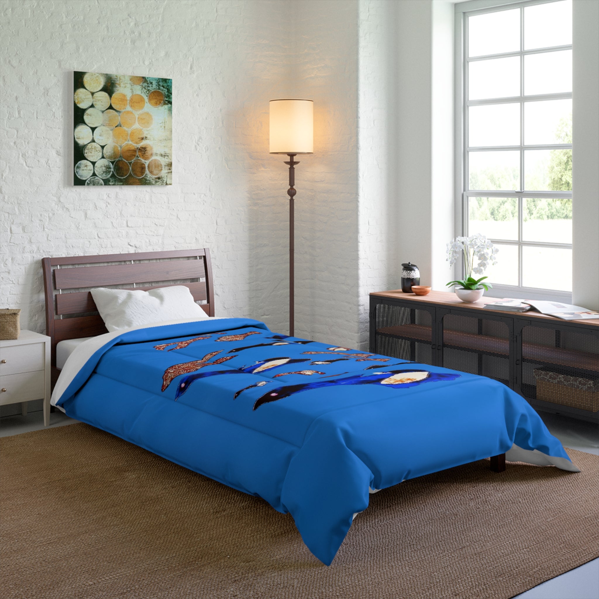 "Fly Me to the Moon" Flock Cerulean Blue Comforter — Playful Arctic Animal Bedding