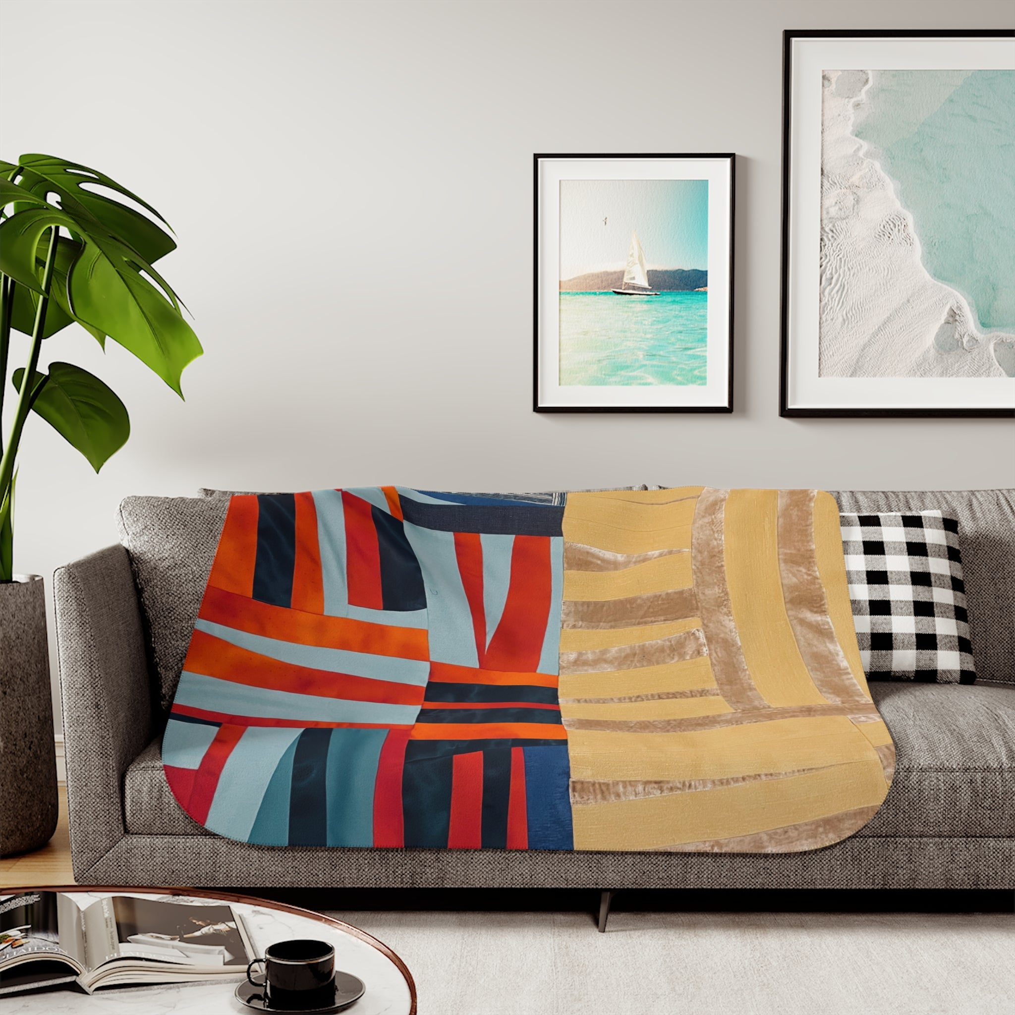 "Hannah and Samuel" Abstract Patchwork Sherpa Blanket - Summer Yellow, Crushed Velvet, Blue, Red Orange— Cozy Reversible Throw with Geometric Color Blocks