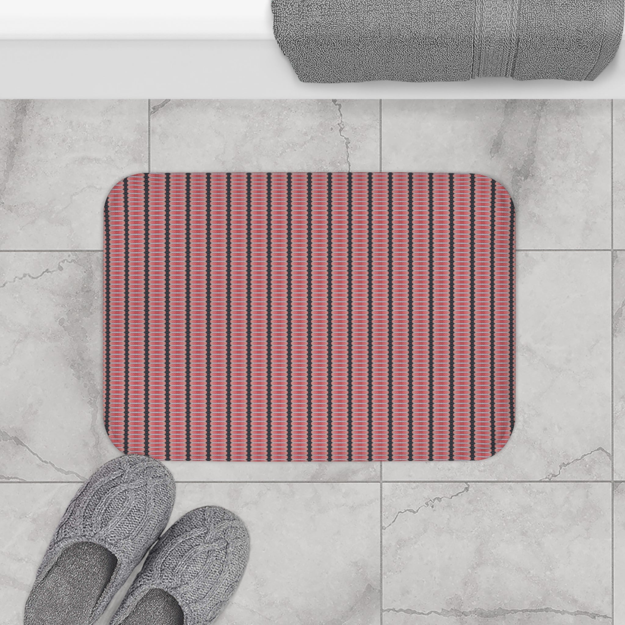 "The Nike of Samothrace" Coral Stripe Mosaic Bath Mat — Modern Geometric Bathroom Rug