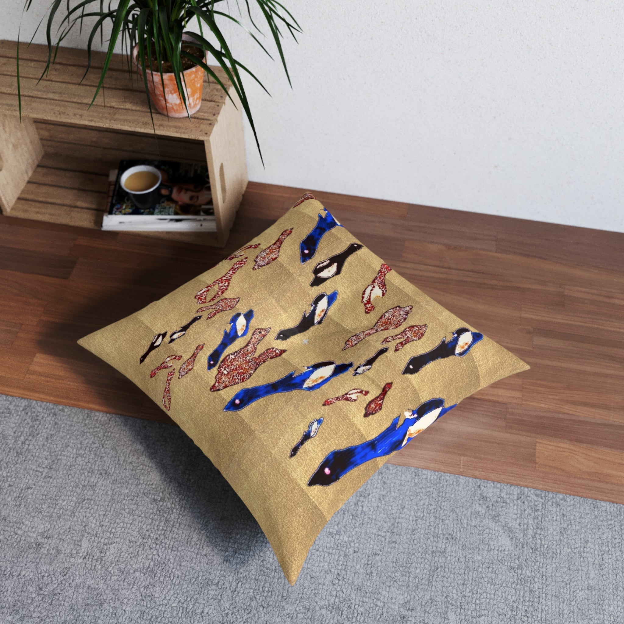 "Fly Me to the Moon" Bronze and Gold, Floor Pillow — Blue & Black Flying Birdies Pattern Tufted Square Cushion