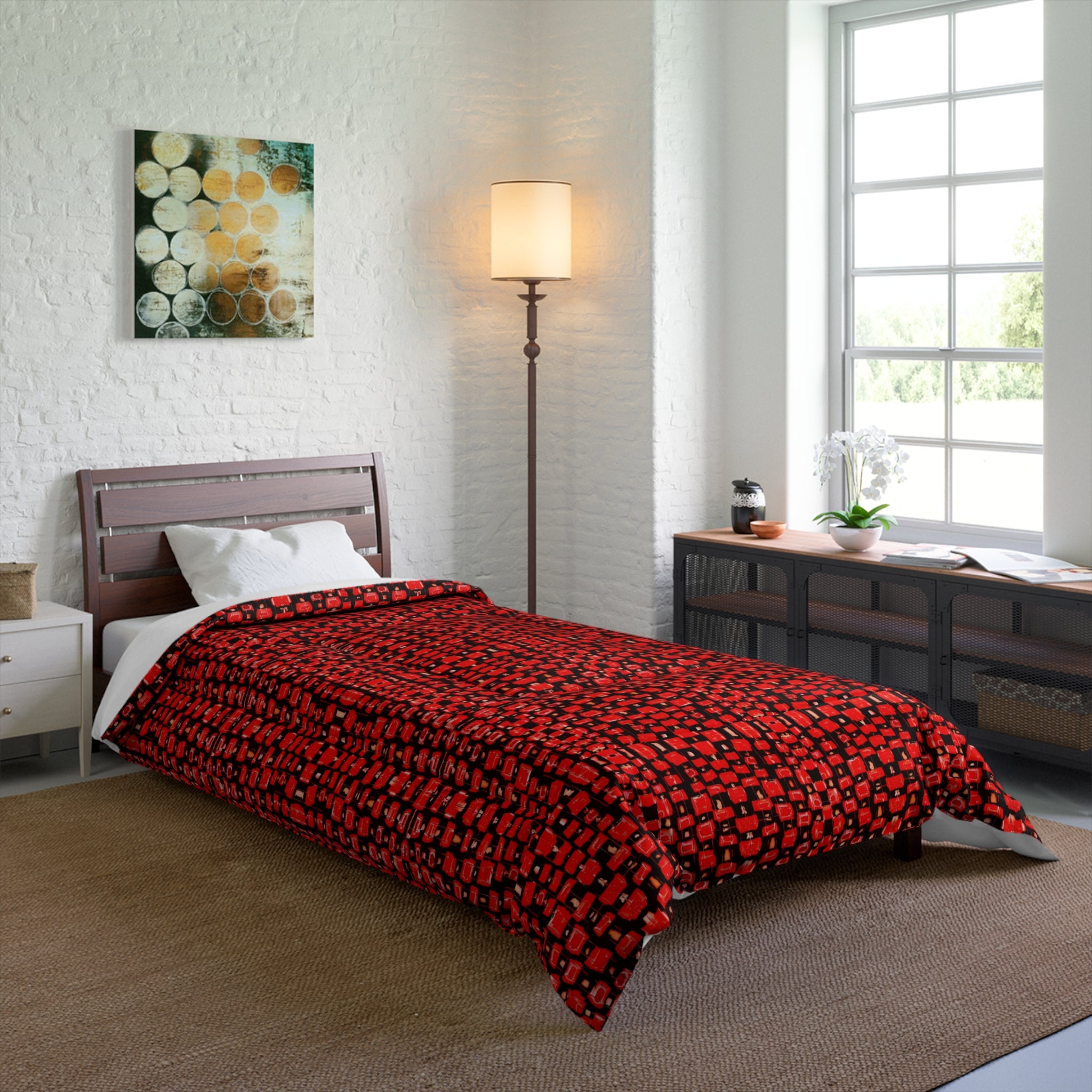 “Japanese Cherry Blossom” Red Mosaic Check Comforter — Modern Geometric Bedspread