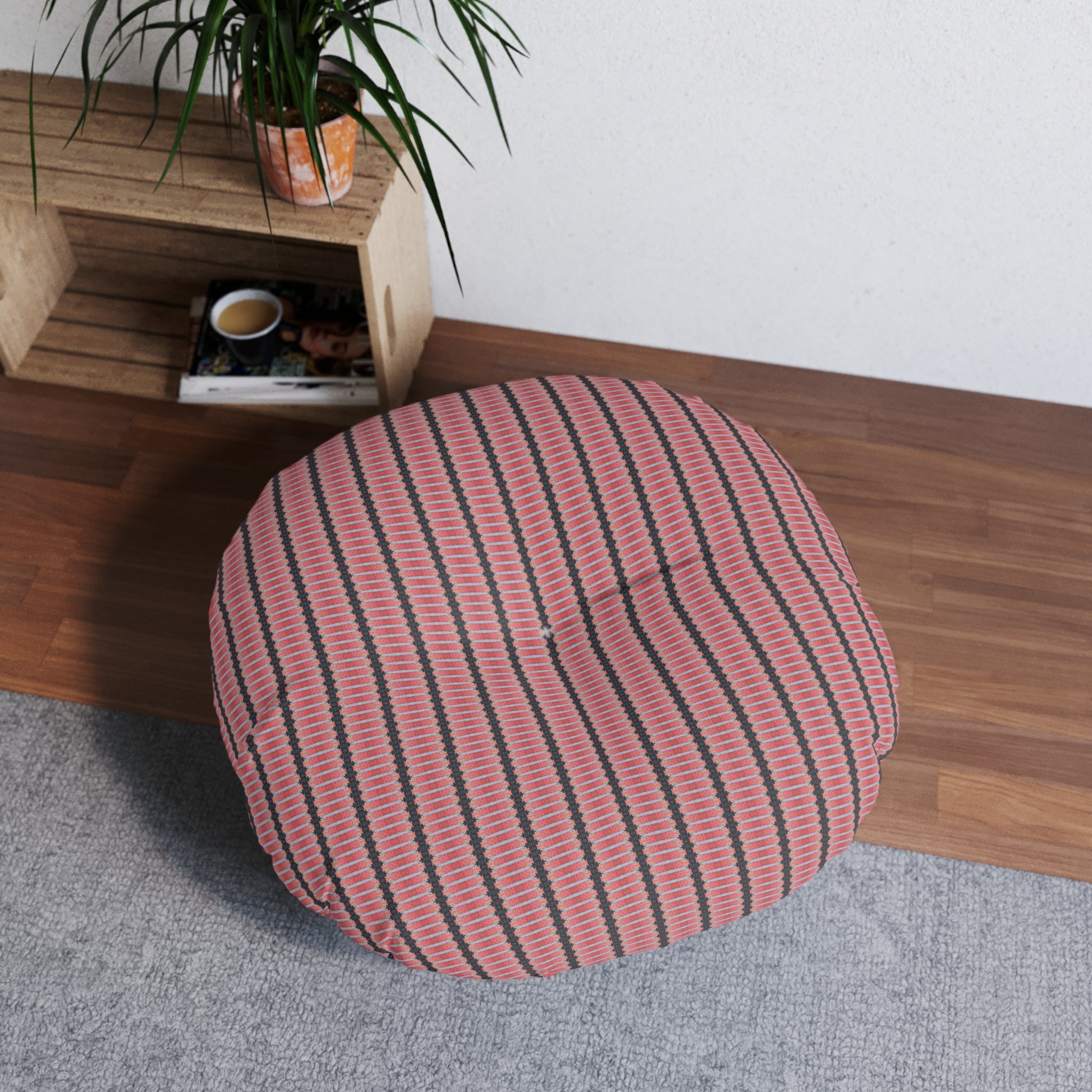 "The Nike of Samothrace" Round Tufted Floor Pillow — Pink Striped Boho Cushion