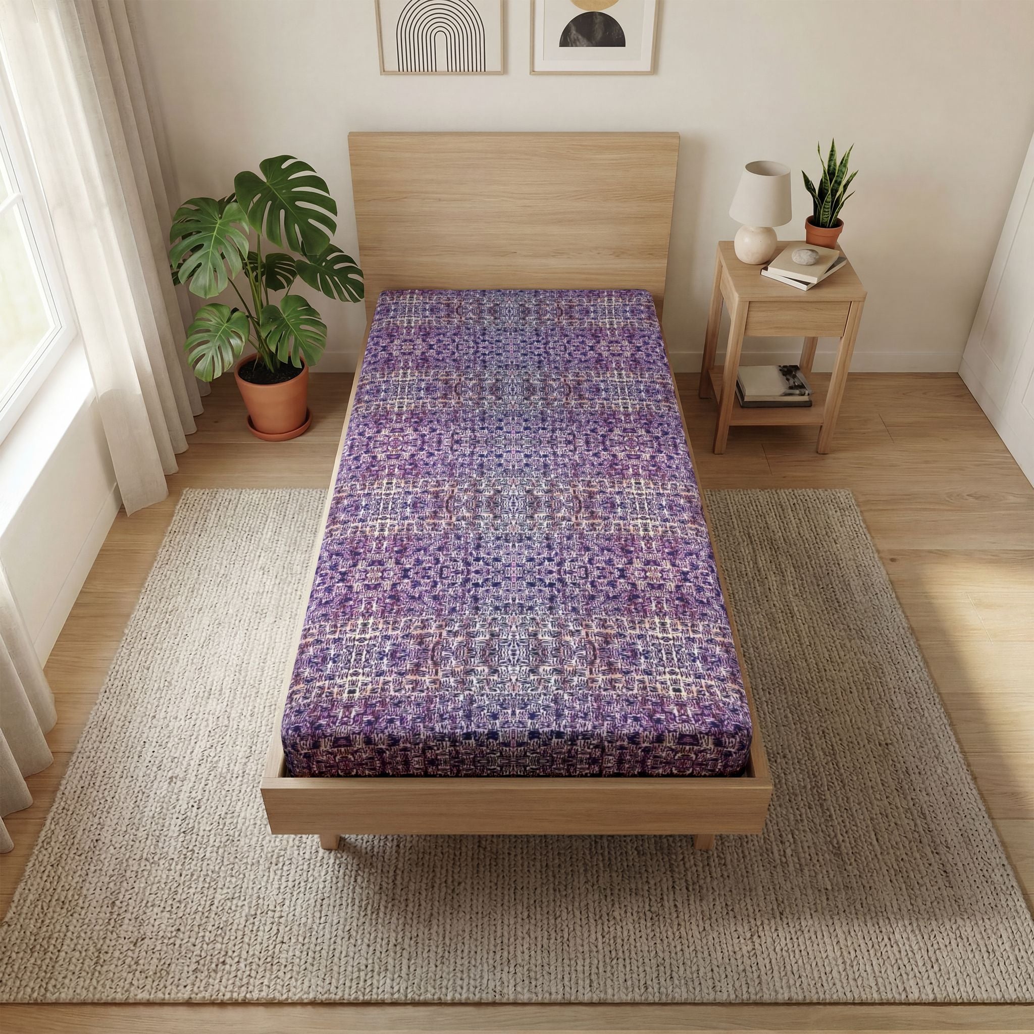 "Pauline, My Love" Blue and Purple Mosaic Fitted Sheet — Boho Geometric Twin Bed Bedding