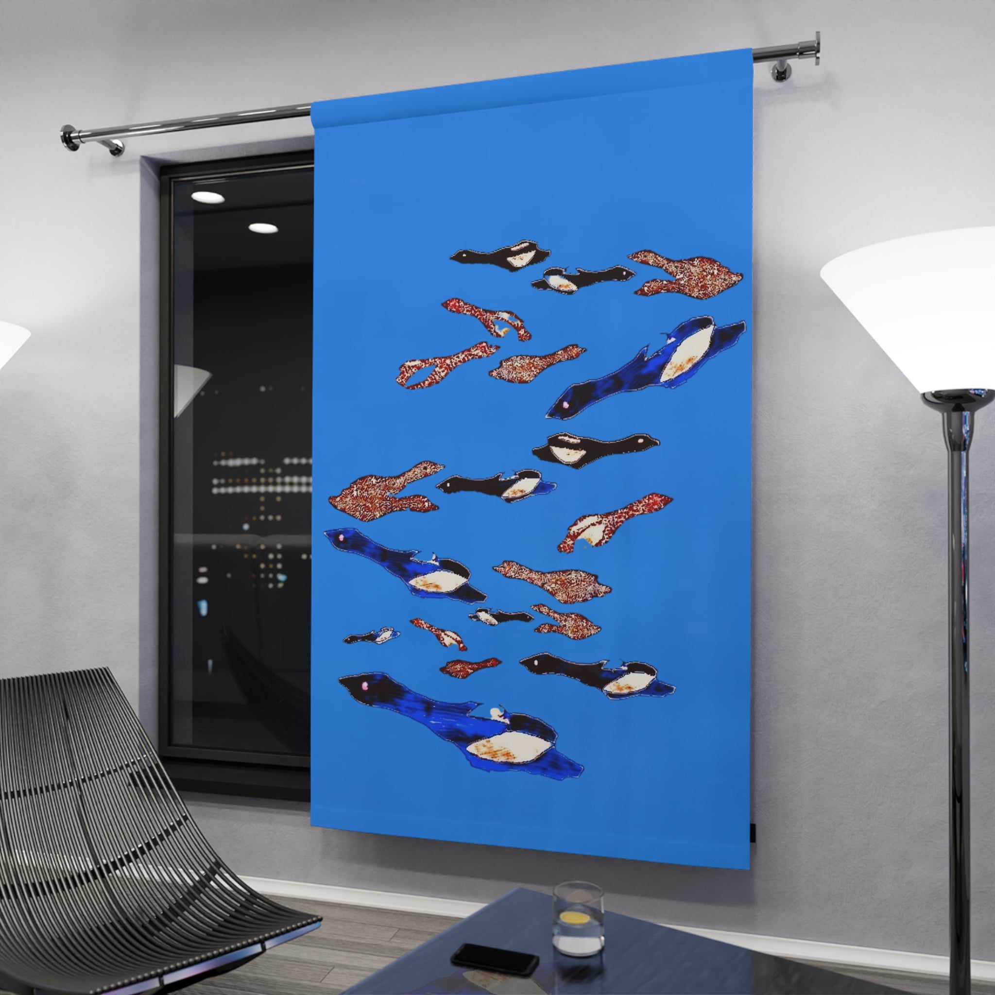 "Fly Me to the Moon" Energy Blue Curtain — Whimsical Blue Birds Window Panel
