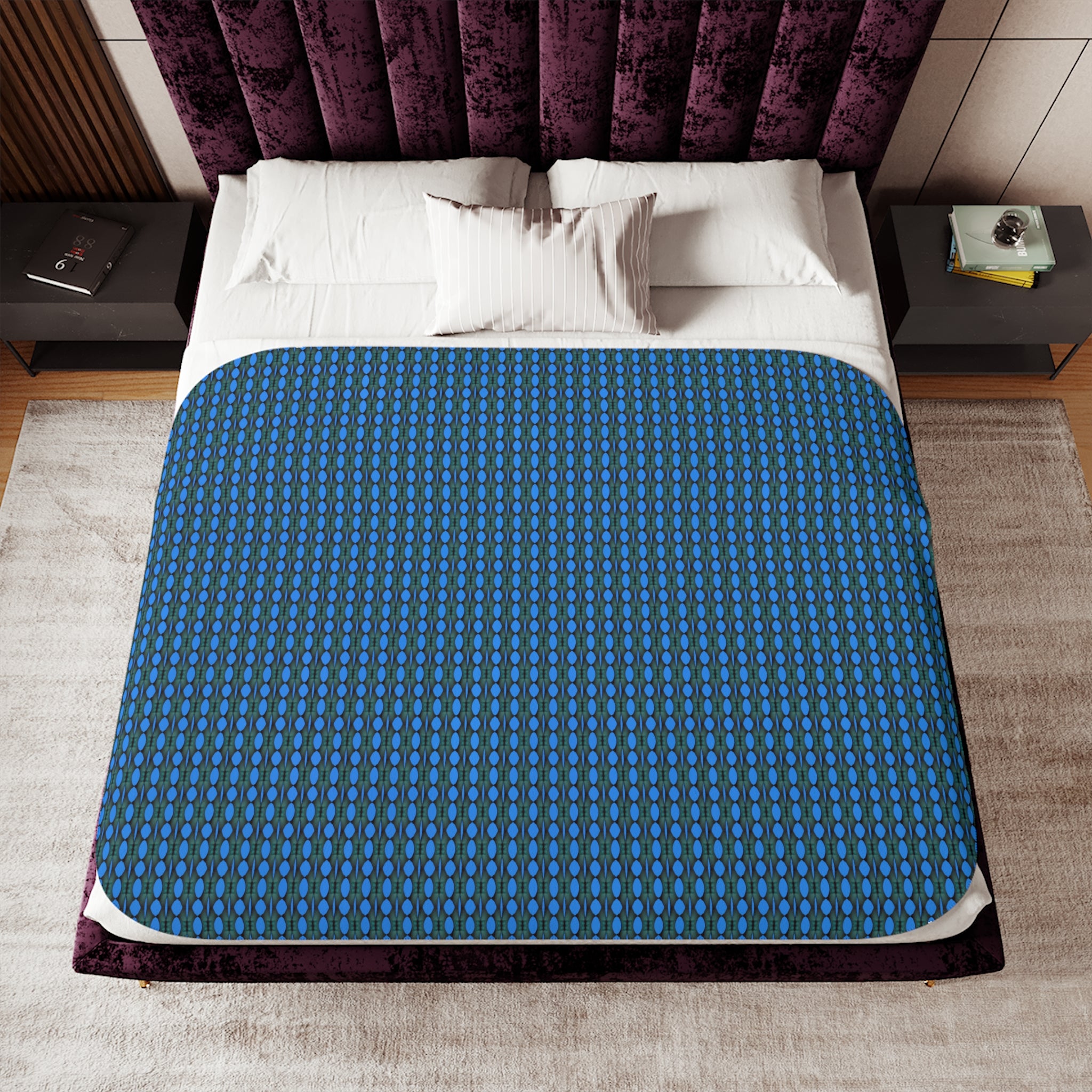 "Where Are We Going?" Cozy Reversible Sherpa Blanket — Blue Grid Print with Cream Plush Back