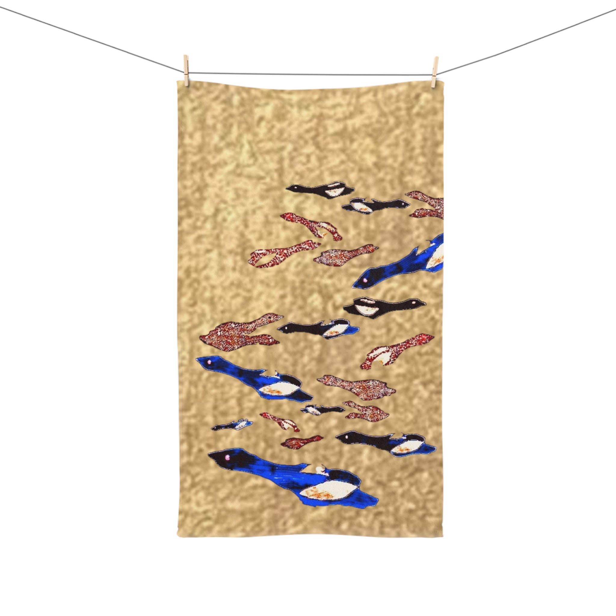 "Fly Me to the Moon" Flock Hand Towel — Blue, Gold, and Brown Waterfowl Kitchen Towel