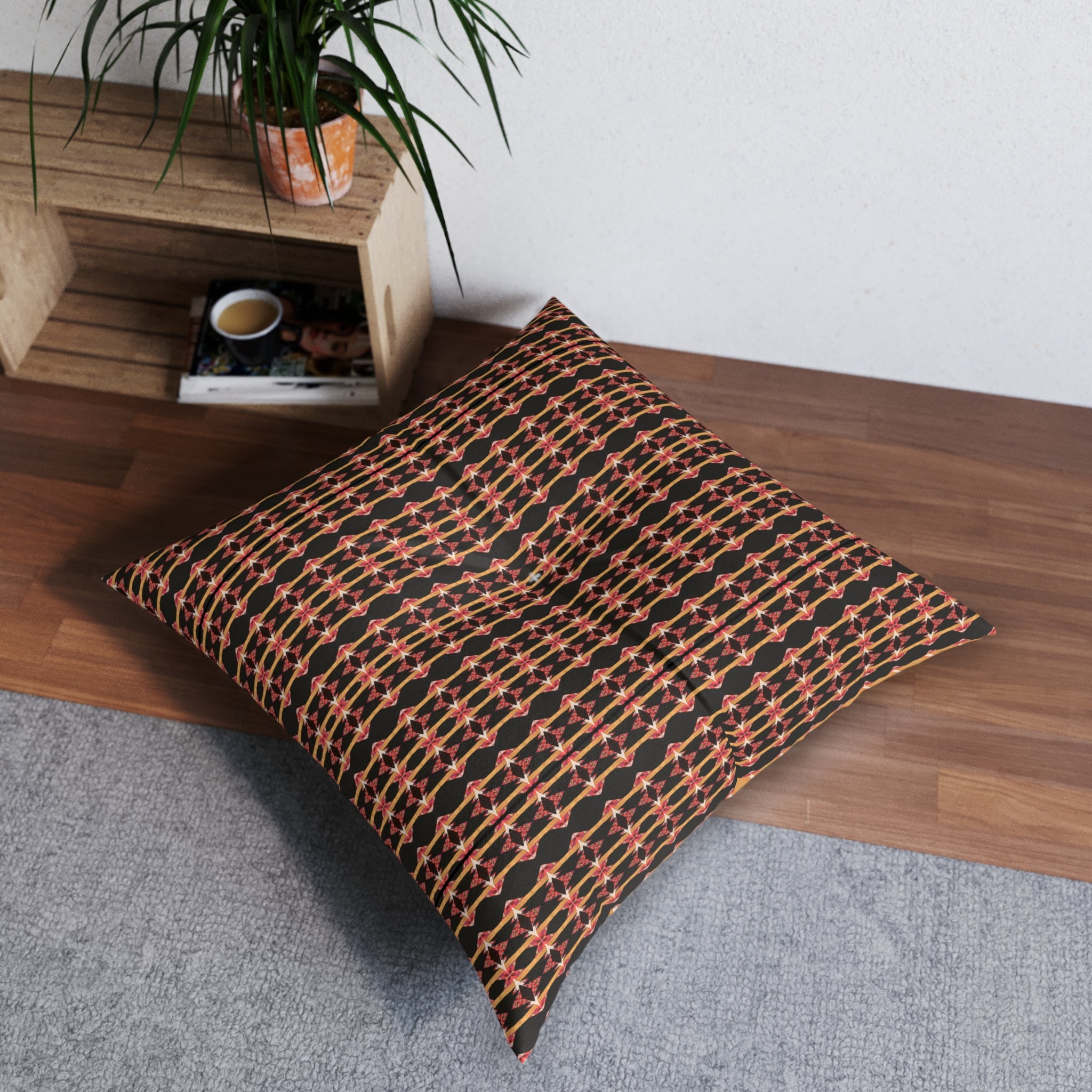 "Native America Now" Boho Geometric Tufted Floor Pillow — Rust & Black Square Accent