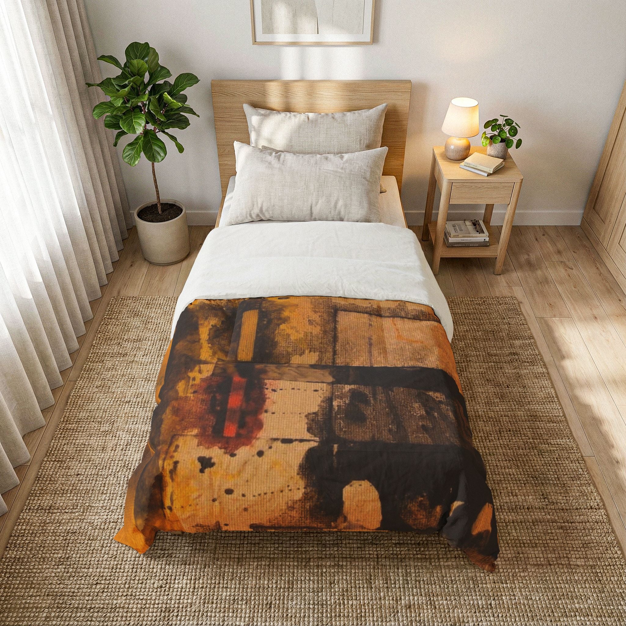 "Dance In The Rain" Abstract Amber Cotton Comforter – Modern Industrial Art Bedding