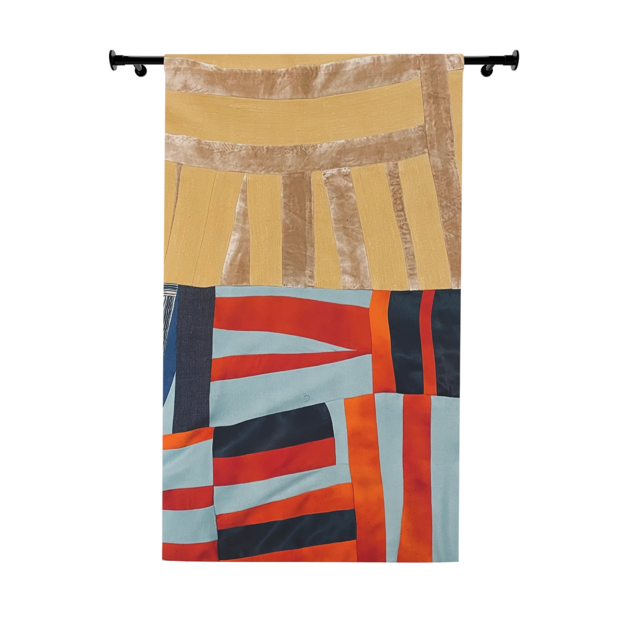 "Hannah and Samuel" Abstract Patchwork Window Curtain — Modern Geometric Panel with Warm Gold, Teal & Coral