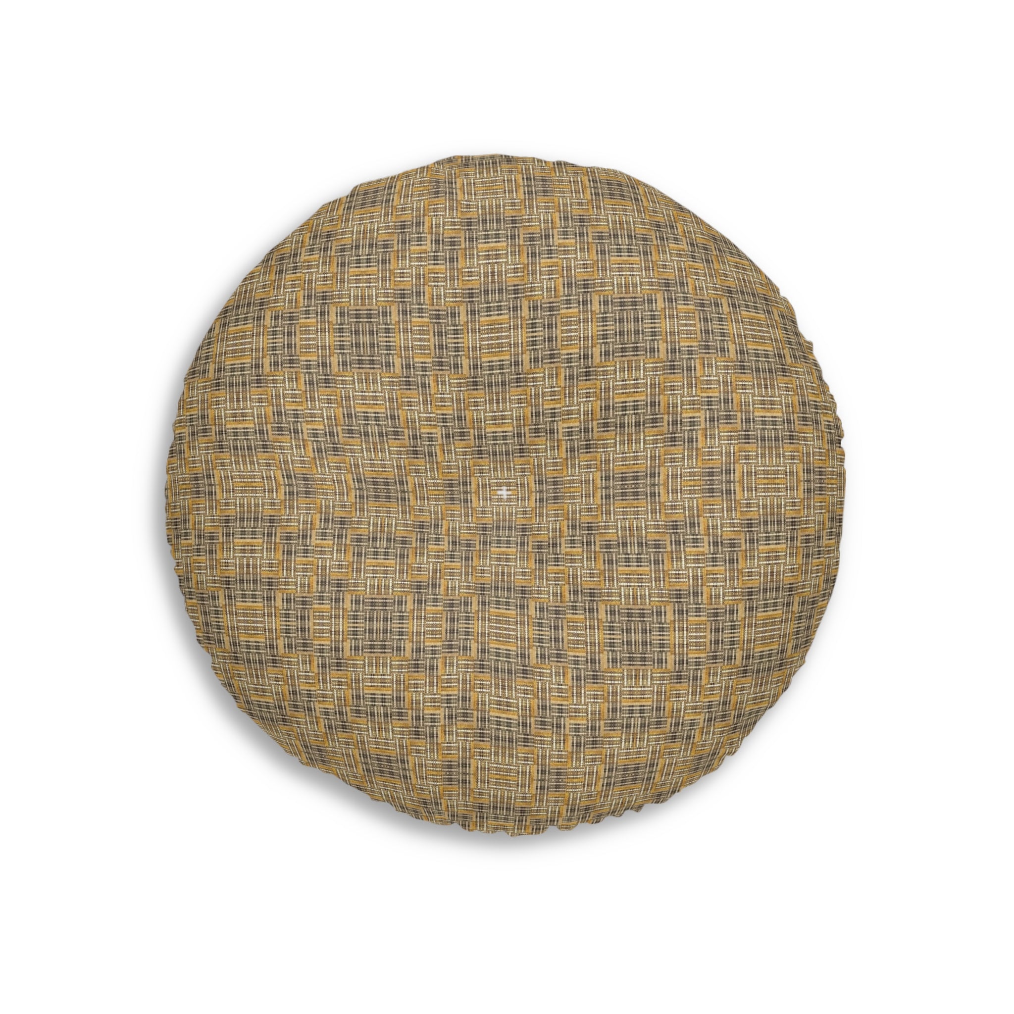“All Things Fall Apart” Round Tufted Floor Pillow Rustic Plaid Yellow & Brown Boho Cushion