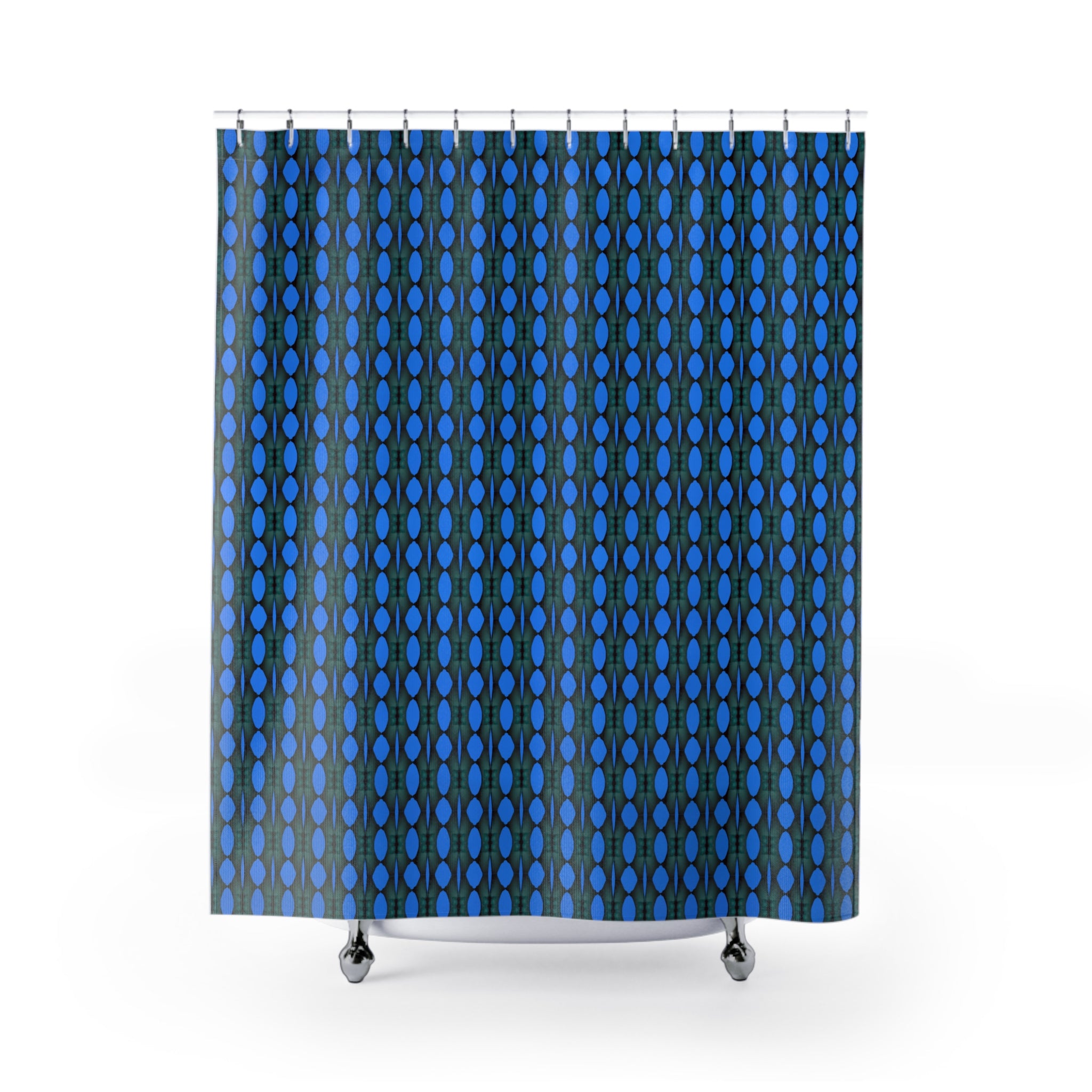 "Where Are We Going?" Blue Retro Dot Pattern Shower Curtain — Midcentury Modern Geometric Bathroom Decor