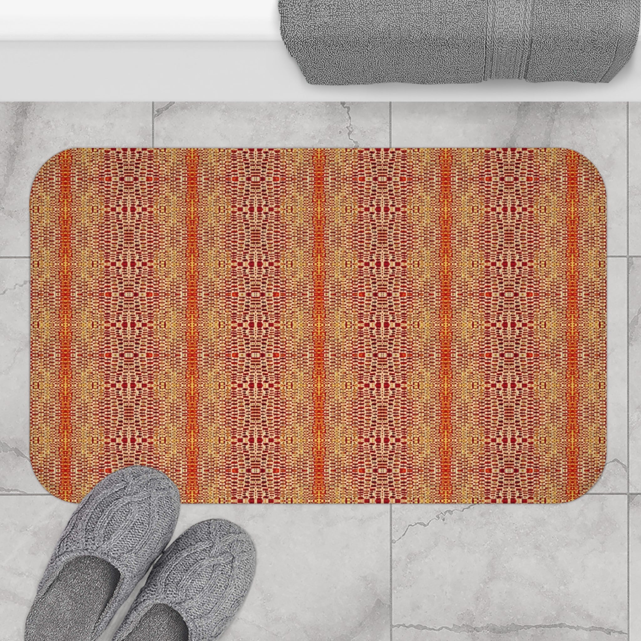 "Queen Mother" Warm Boho Woven Stripe Bath Mat — Rustic Orange Red Bathroom Rug