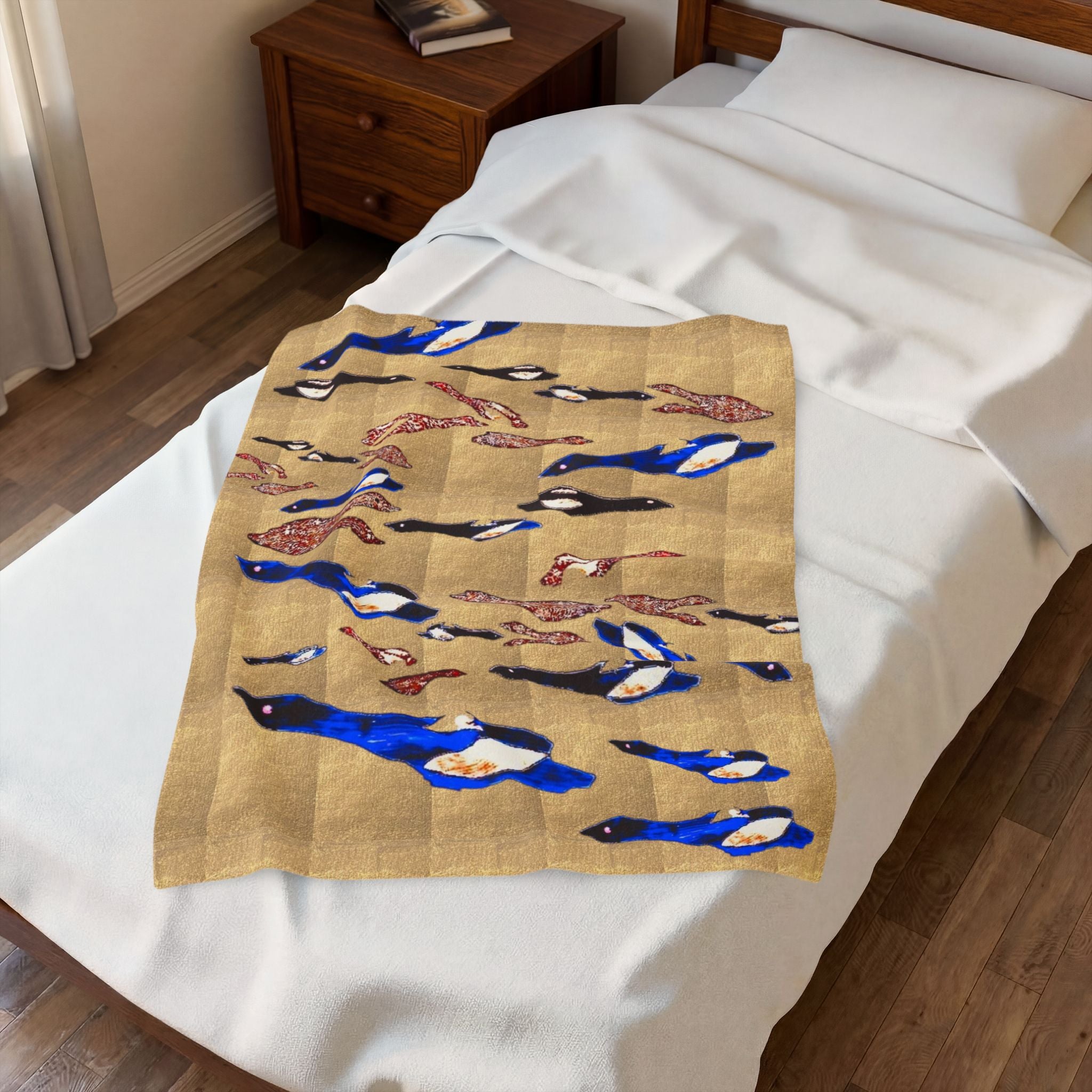 "Fly Me to the Moon" Velveteen Plush Blanket – Blue & Gold Fish School Design, Cozy Nautical Throw