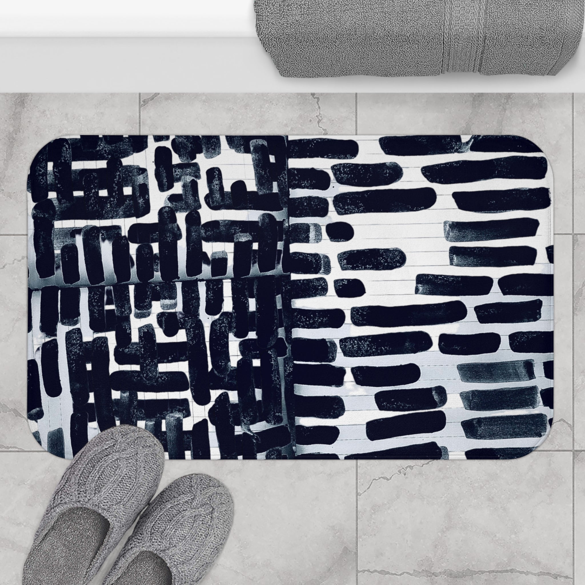 "Only My Notebook Knows How I Feel, My Heart Is On Every Page" Abstract Black Brushstroke Bath Mat – Modern Geometric Bathroom Rug