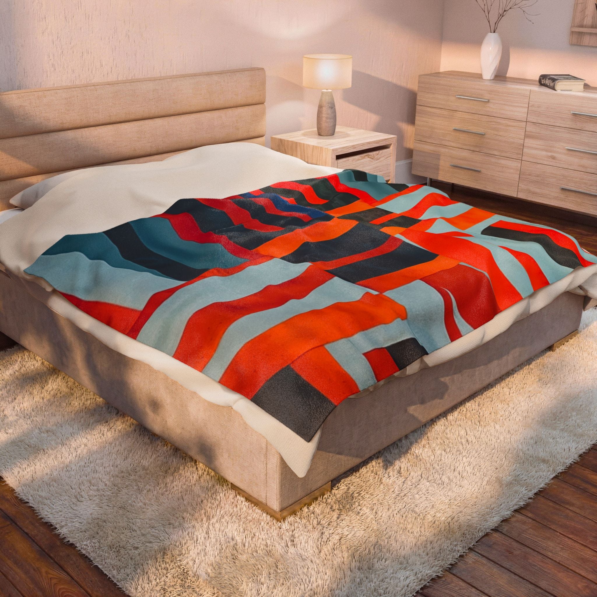 "Samuel" Abstract Geometric Velveteen Plush Blanket – Modern Orange & Blue Throw