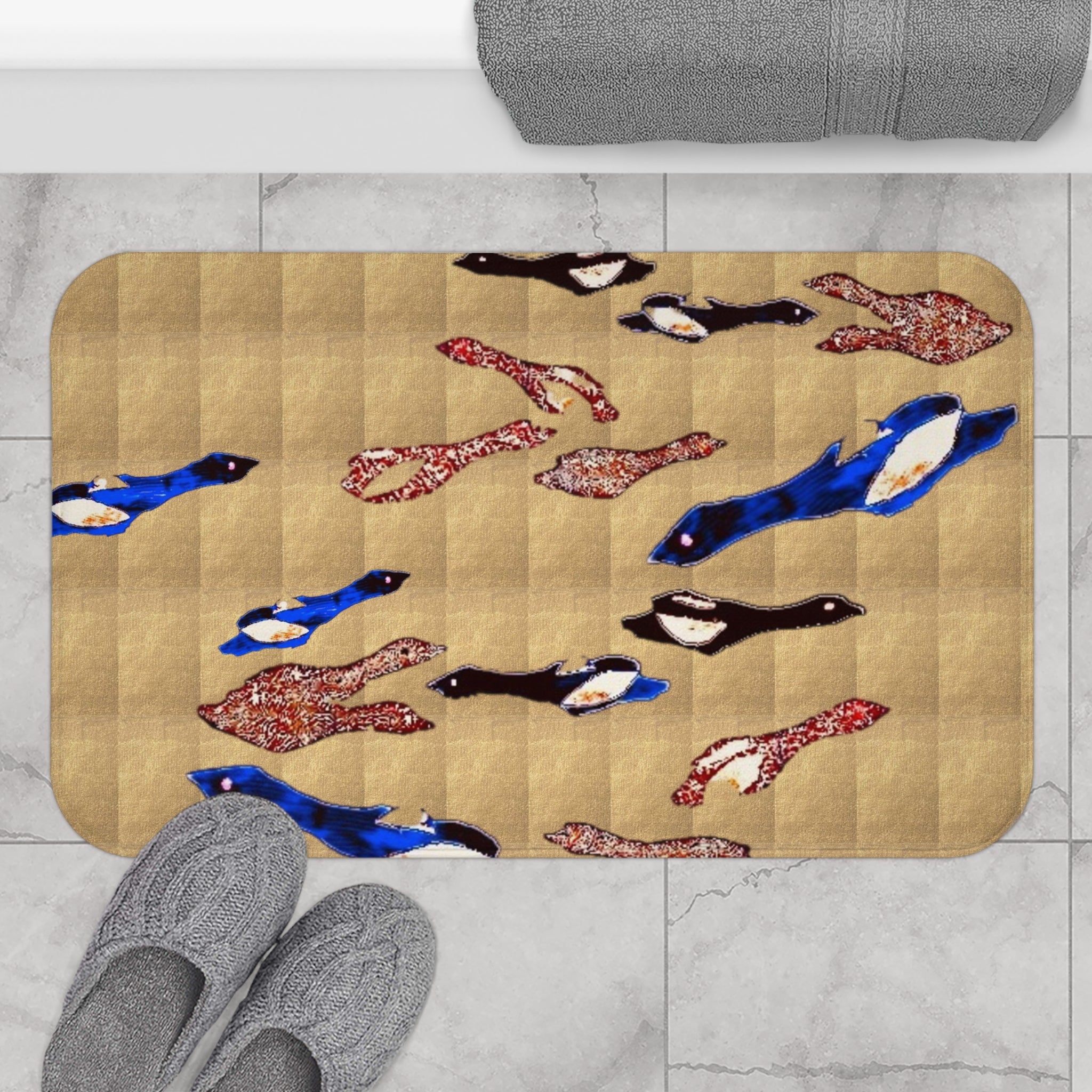 "Fly Me to the Moon" Gold Sky Blue Flock Bath Mat — Playful Coastal Bathroom Accent