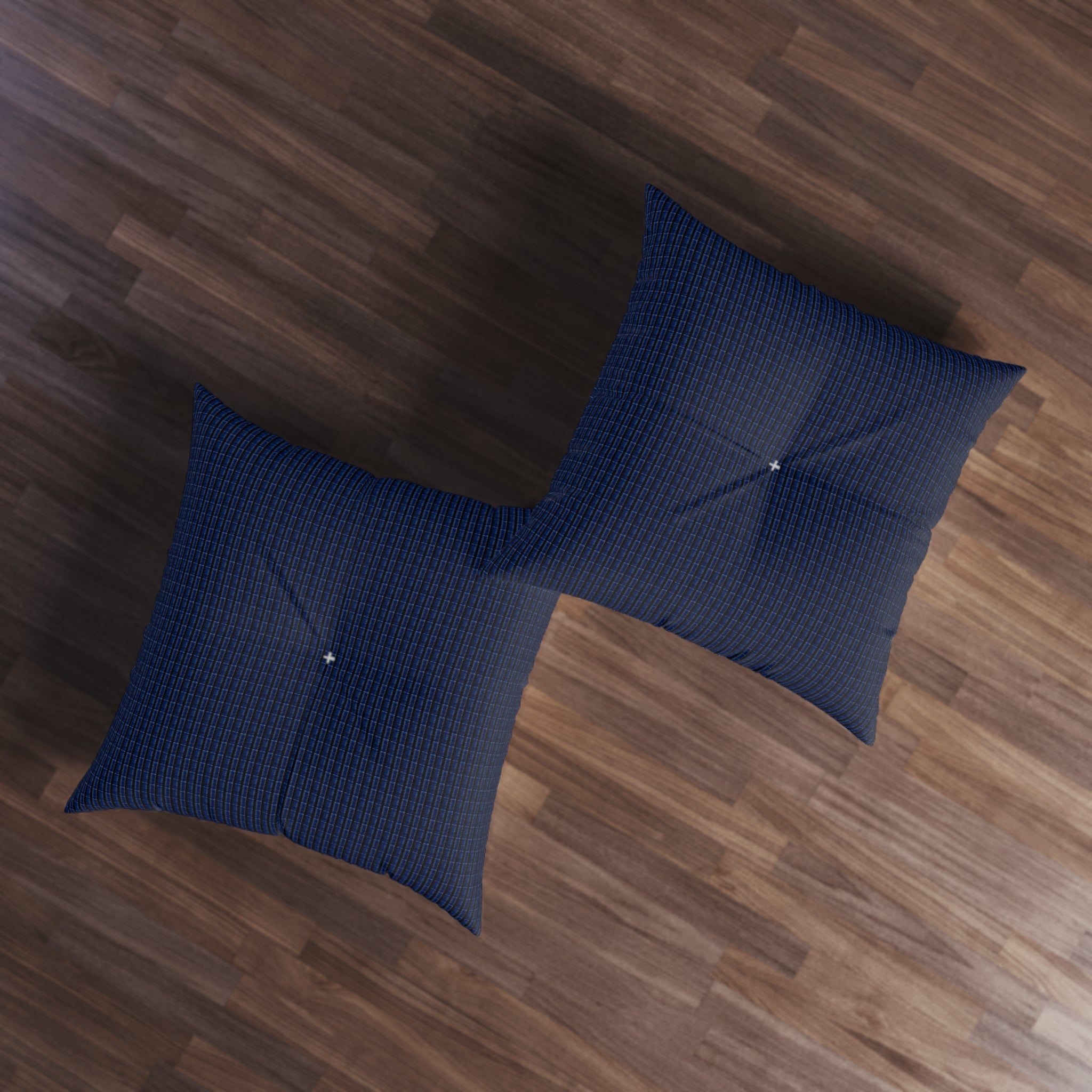 "Mississippi Midnight: Lovely Banjo Blues" Black and Navy Plaid Tufted Floor Pillow — Cozy Square Accent Cushion