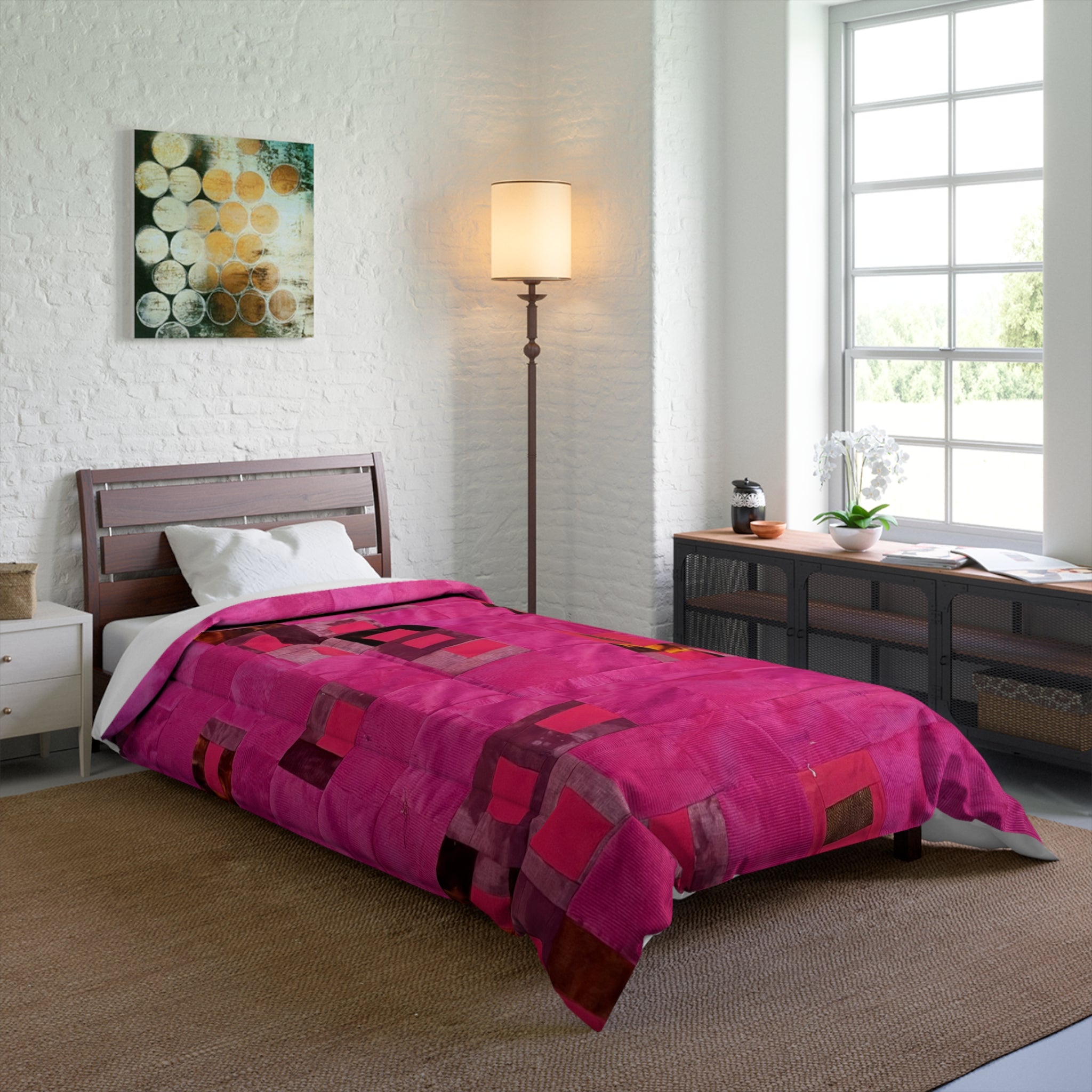 "Lela" Pink Geometric Comforter — Modern Patchwork Duvet Cover