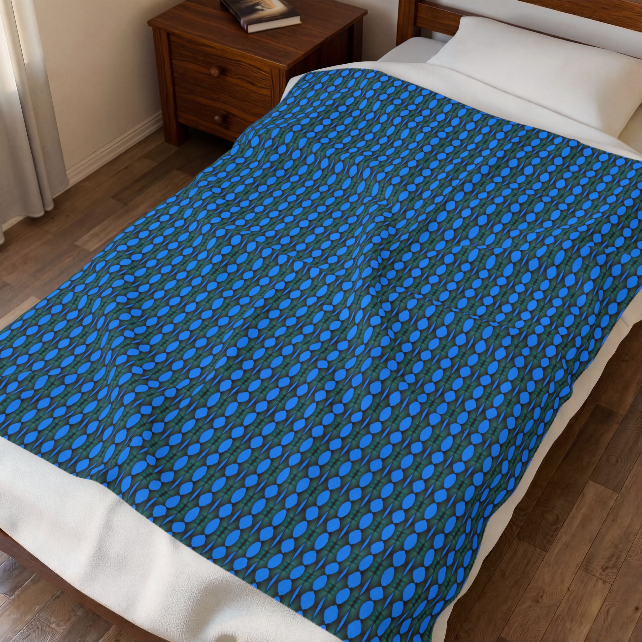 "Where Are We Going?" Blue Pixel Pattern Velveteen Plush Blanket — Soft Retro Geometric Throw