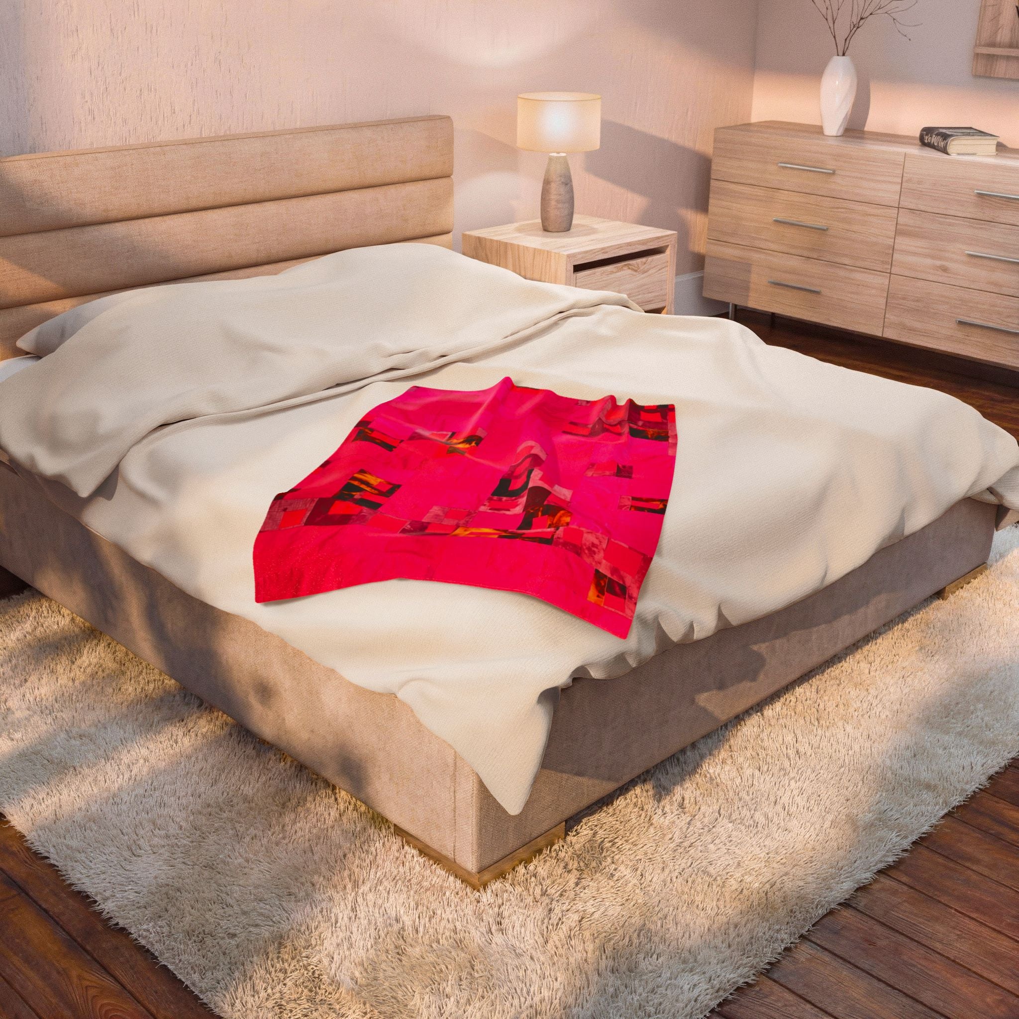 "Lela Lela" Block Quilt Pattern Plush Blanket - Vibrant Pink Abstract Patchwork Velveteen Throw