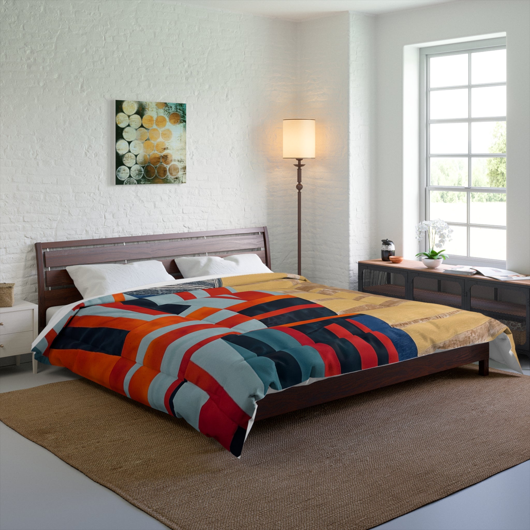 "Hannah and Samuel" Abstract Geometric Comforter – Bold Stripes & Warm Color Block Bedding