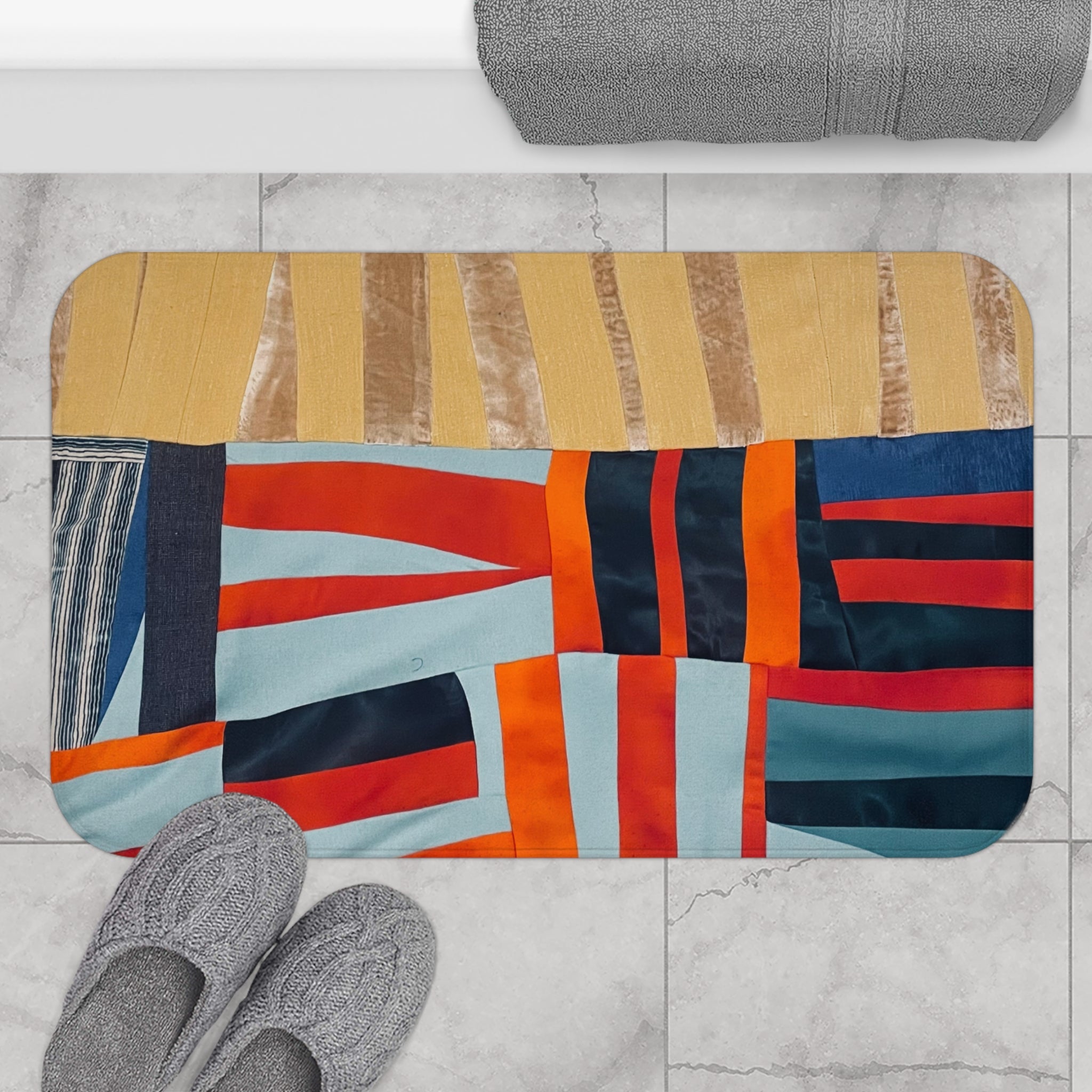"Hannah and Samuel" Abstract Geometric Bath Mat – Bold Midcentury Color-Block Bathroom Rug