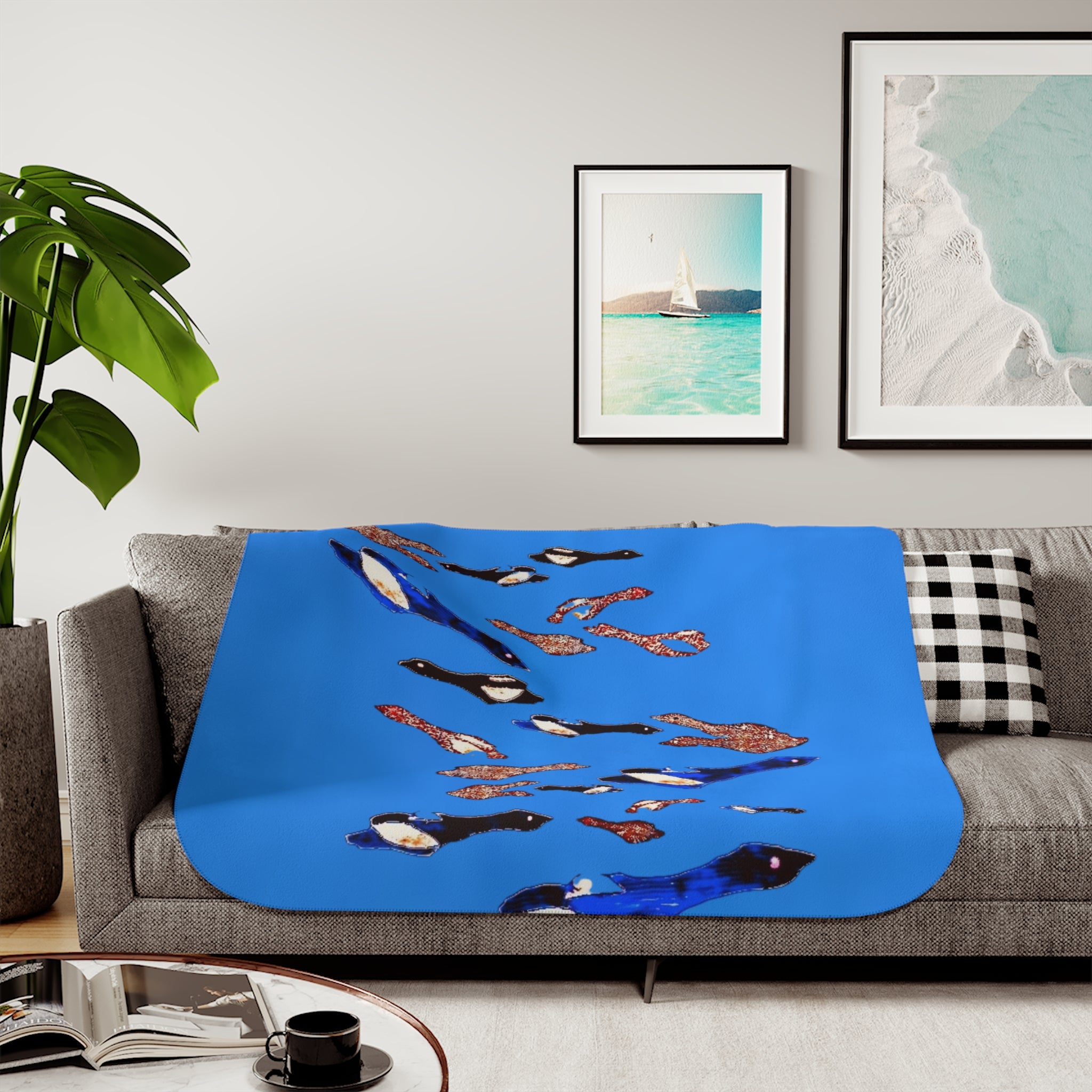 "Fly Me to the Moon" Birdies Parade Sherpa Blanket — Cozy Blue Animal Print Throw