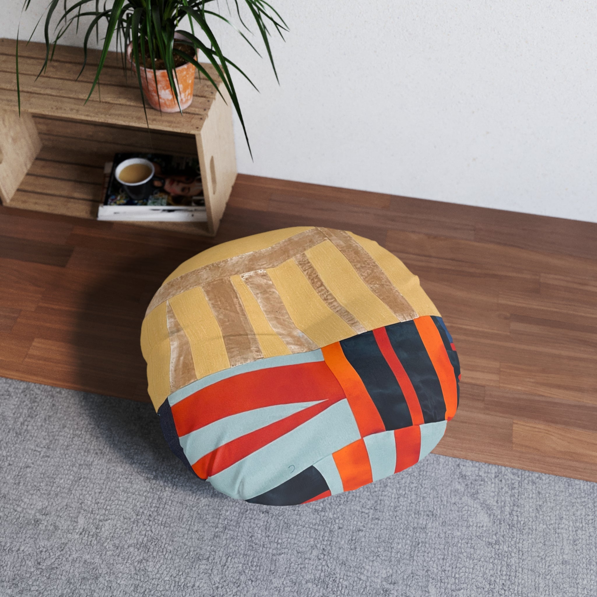 "Hannah and Samuel" Round Tufted Floor Pillow — Retro Geometric Patchwork Cushion