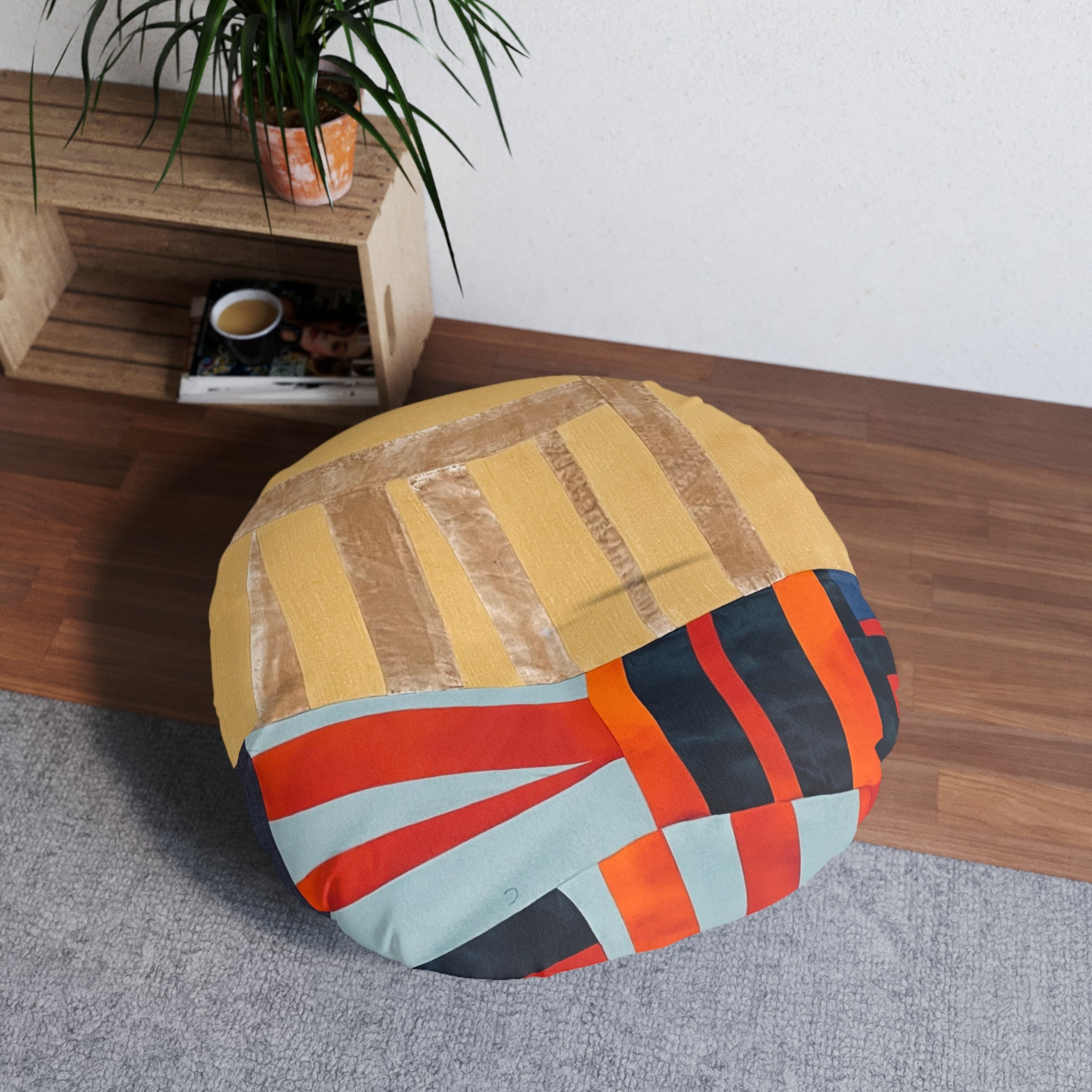 "Hannah and Samuel" Round Tufted Floor Pillow — Retro Geometric Patchwork Cushion