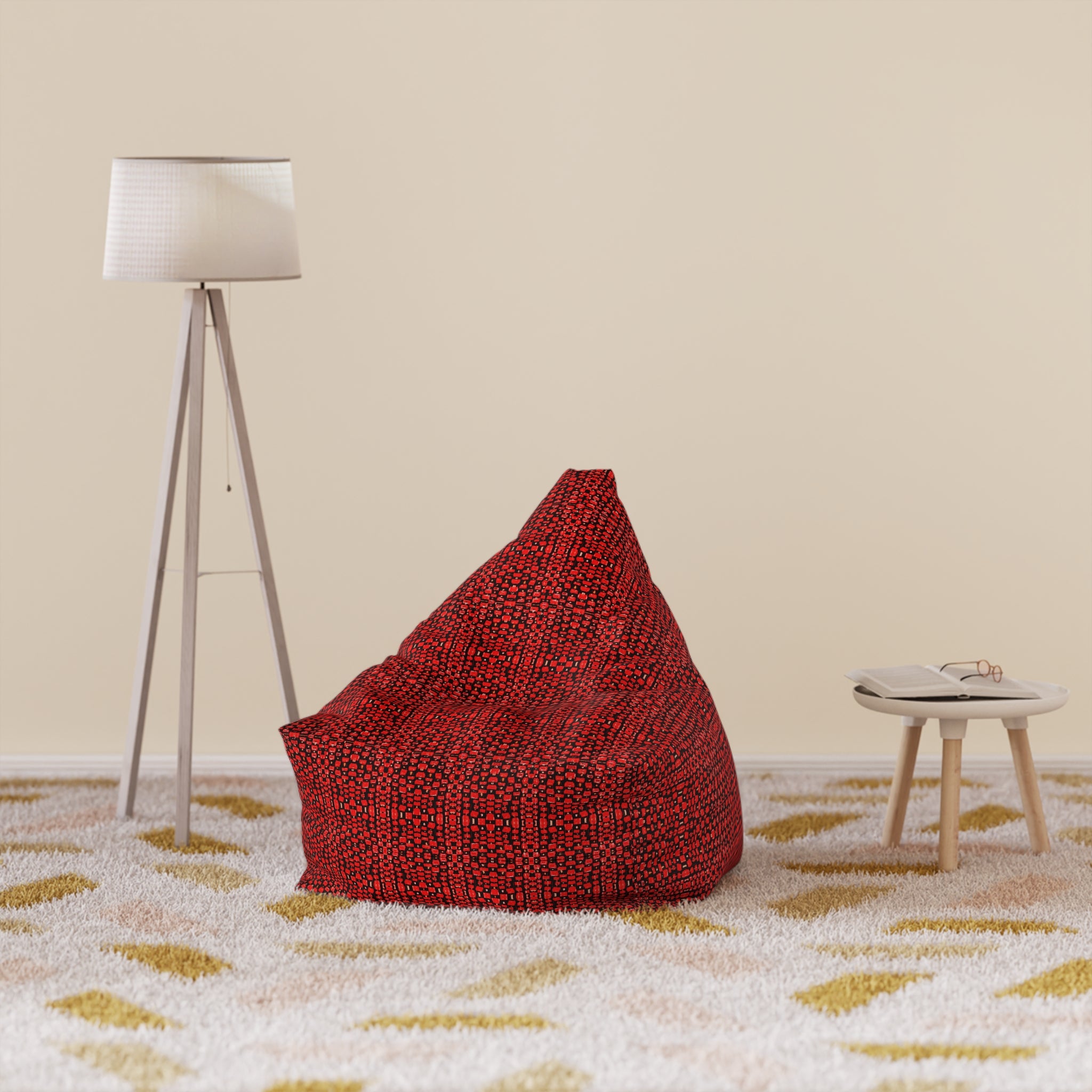 "Japanese Cherry Blossom" Red Textured Knit Bean Bag Cover — Cozy Modern Accent for Living Rooms & Kids’ Rooms