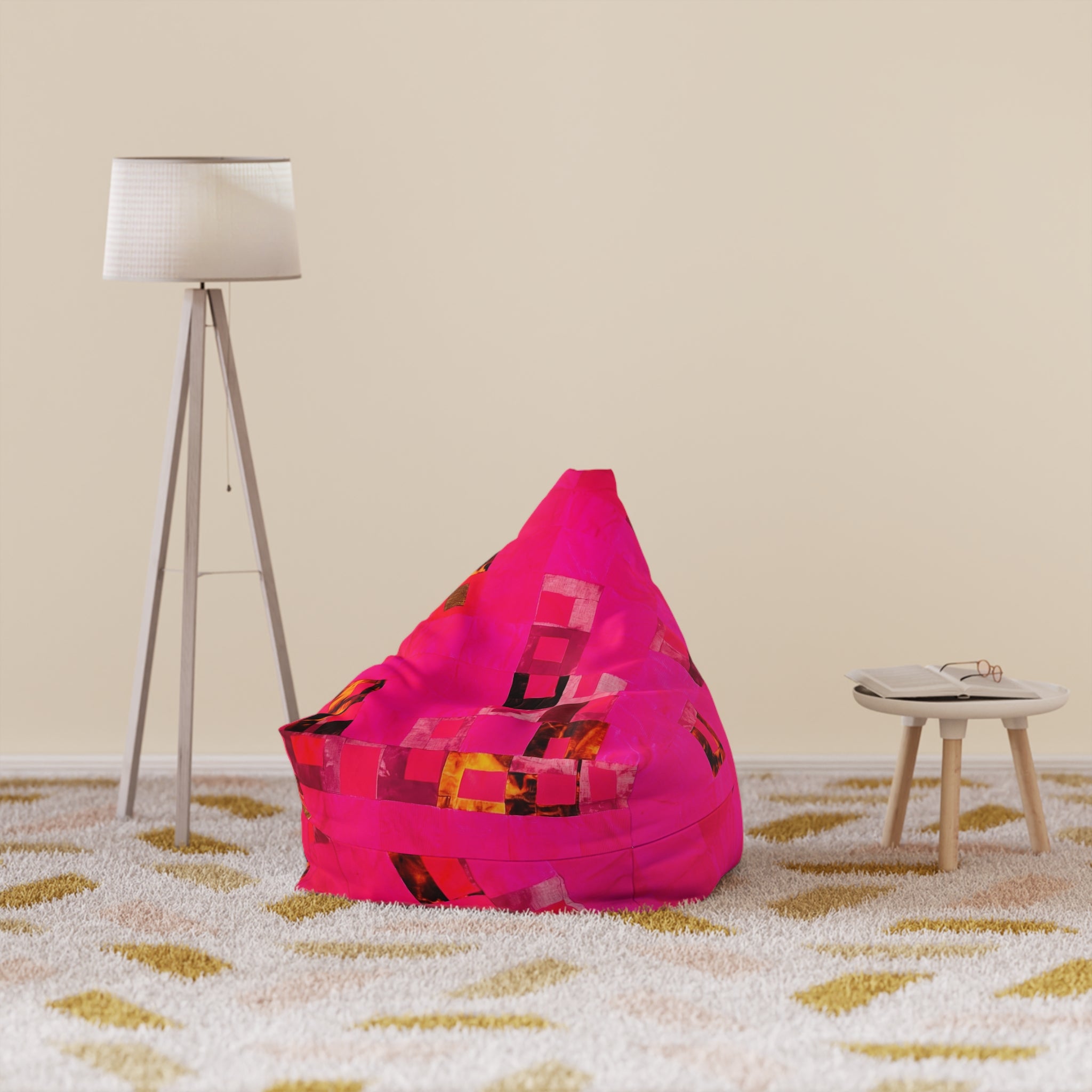 "Lela Lela" Bright Pink Geometric Bean Bag Cover – Modern Abstract Square Pattern