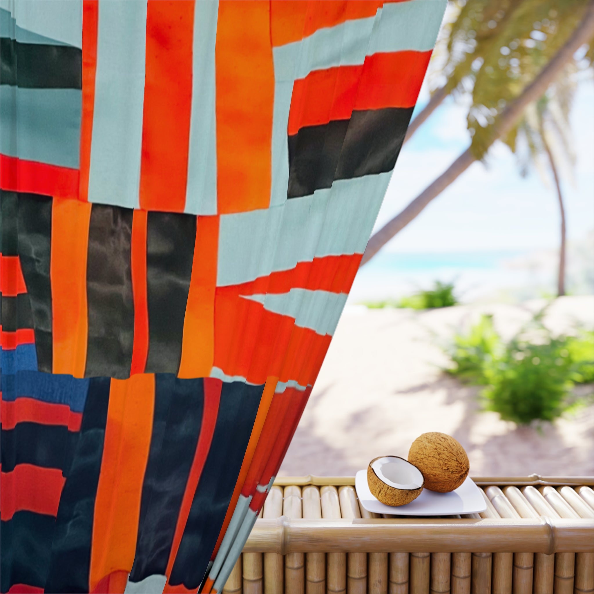 "Samuel" Blue and Orange Abstract Geometric Window Curtain — Bold Red & Teal Modern Panel