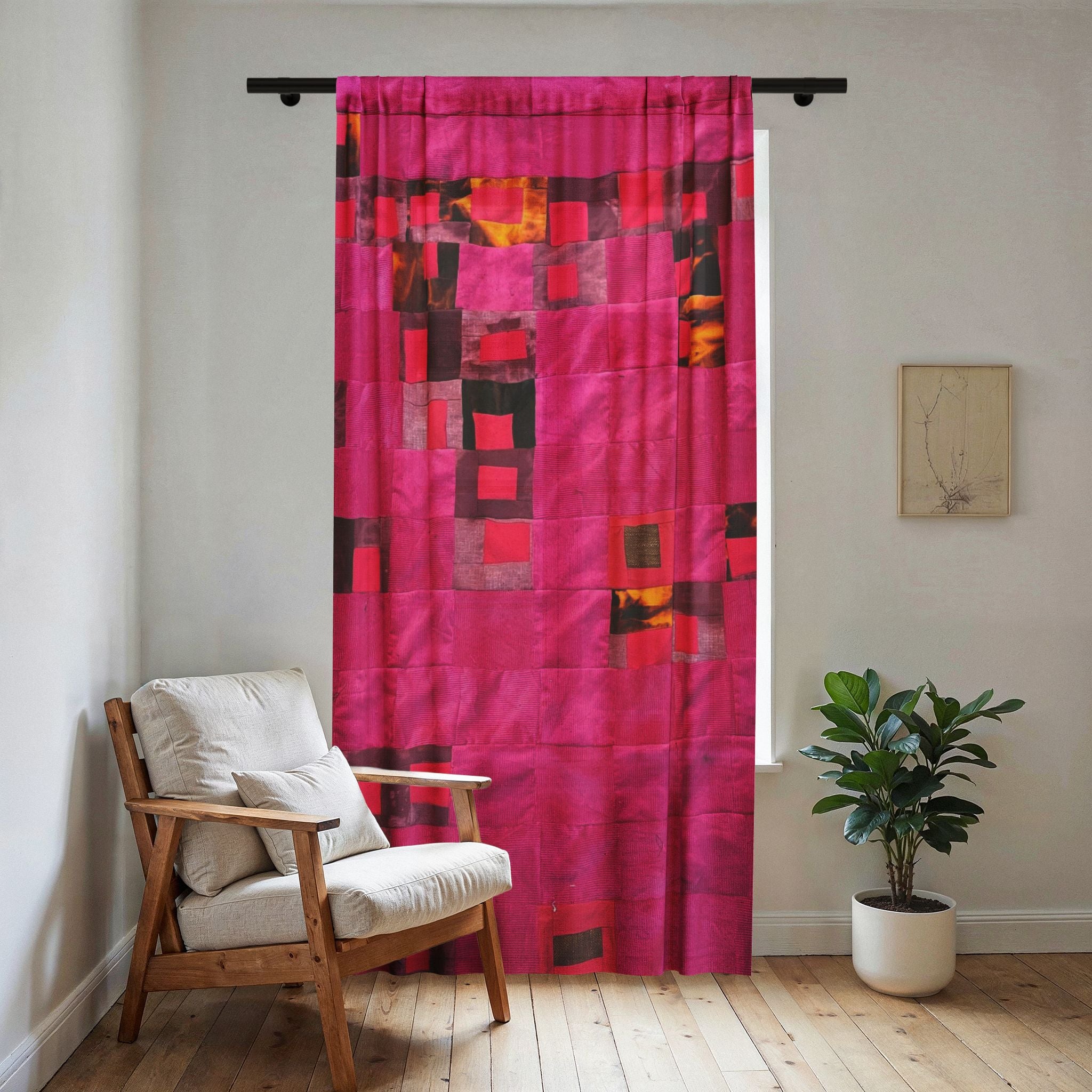 "Lela" Sheer Curtain — Pink Magenta Abstract Quilt Block Patchwork Window Panel
