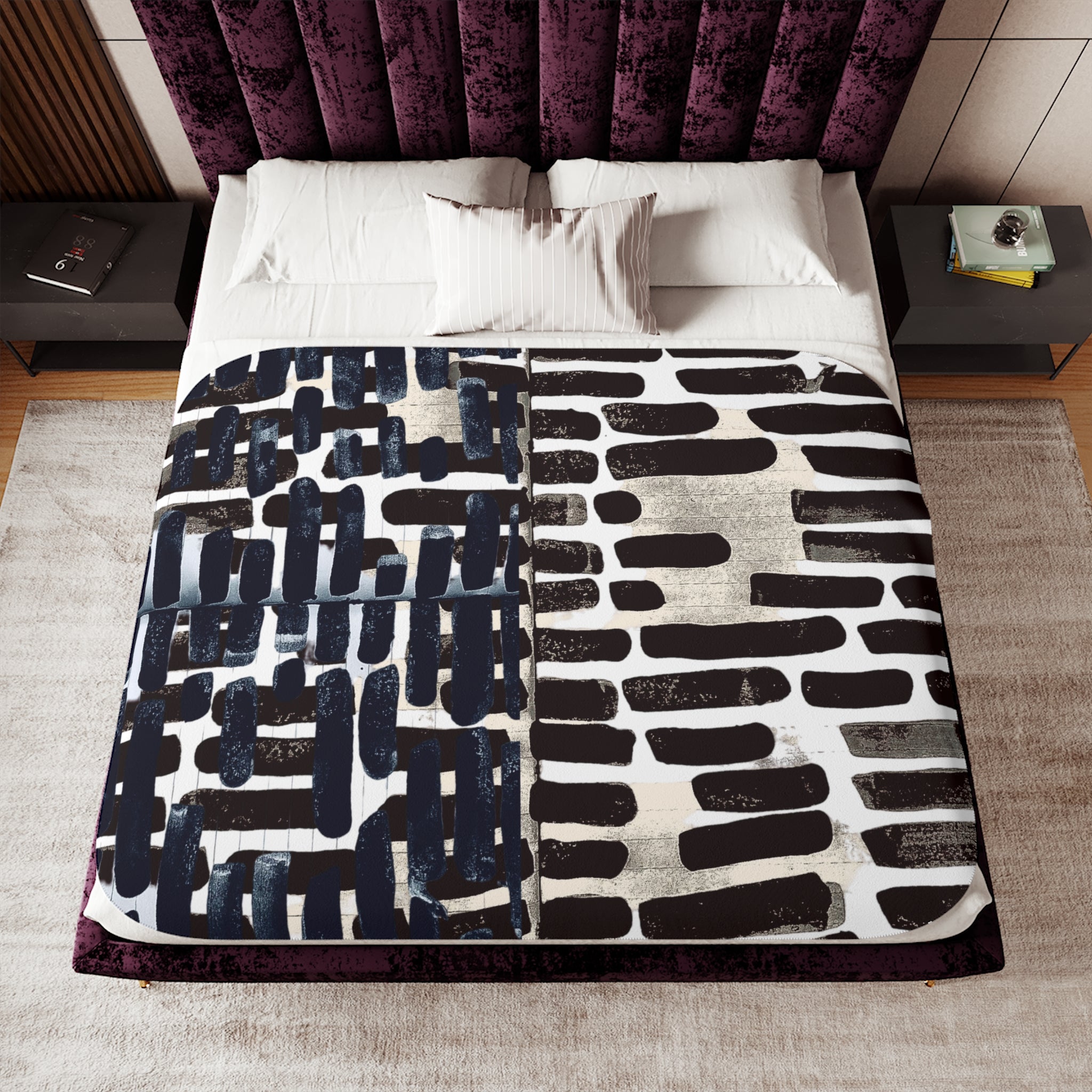 "Only My Notebook Knows How I Feel, My Heart Is On Every Page" Abstract Brushstroke Sherpa Blanket — Reversible Neutral Navy & Cream Cozy Throw