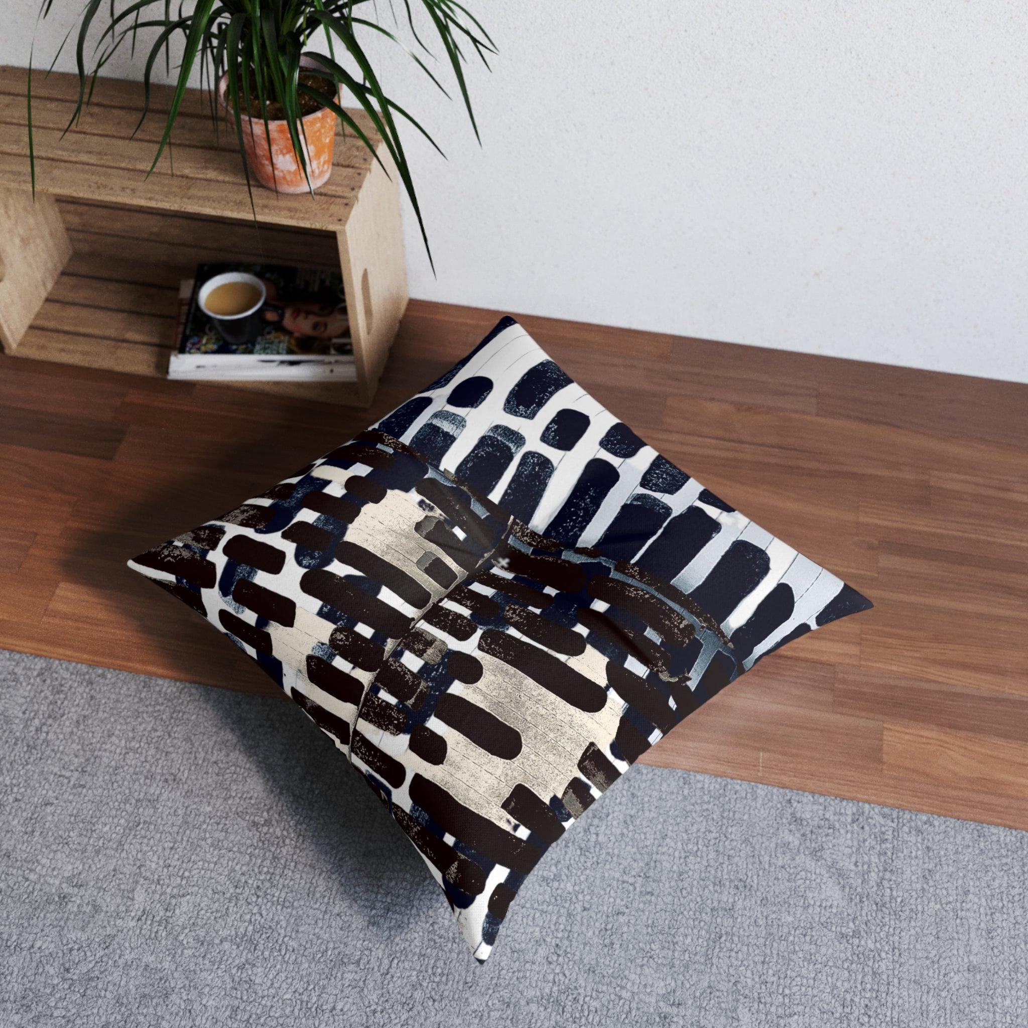 "Only My Notebook Knows How I Feel, My Heart Is On Every Page" Abstract Black & White Brushstroke Floor Pillow — Tufted Square Accent Cushion